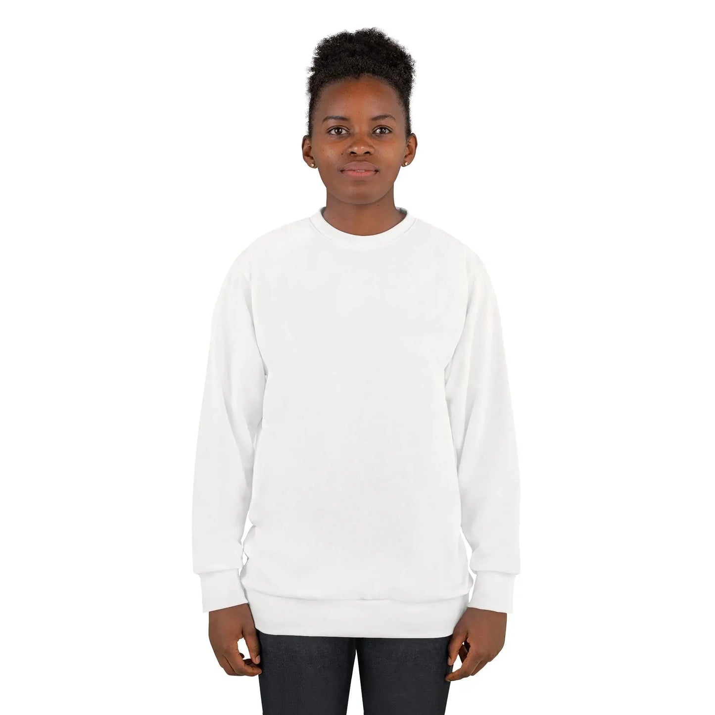Woman wearing plain white sweatshirt for custom print, front view on white background
