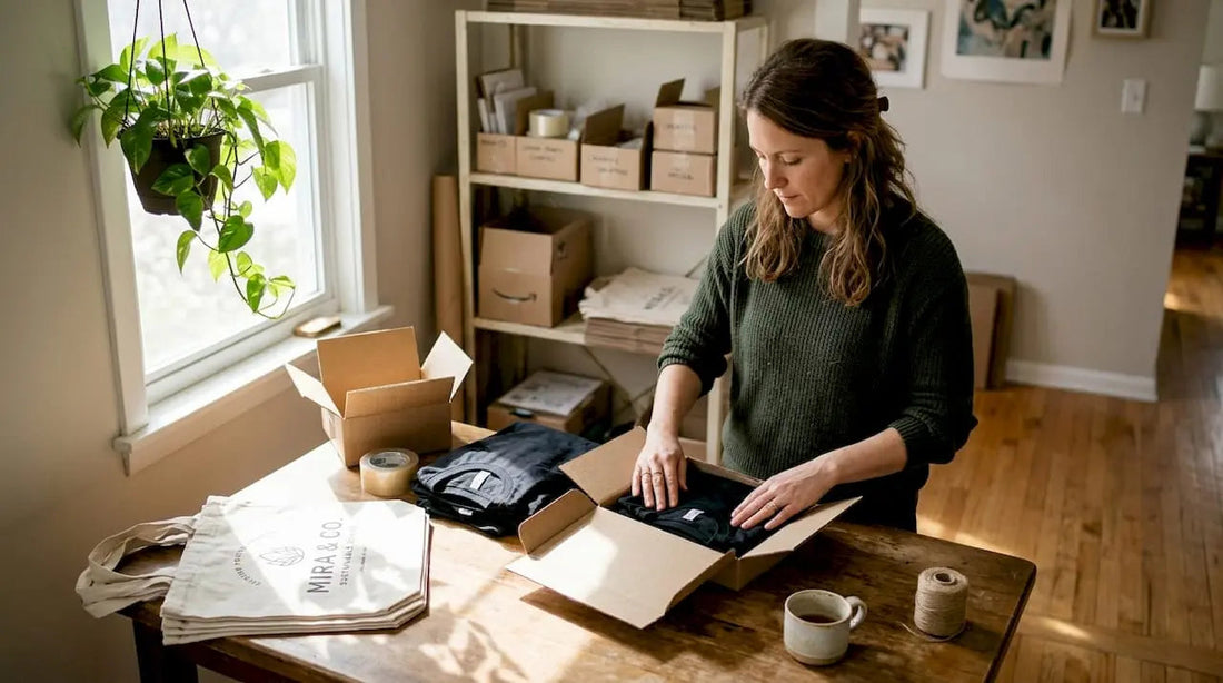 Small business owner packing custom t-shirts