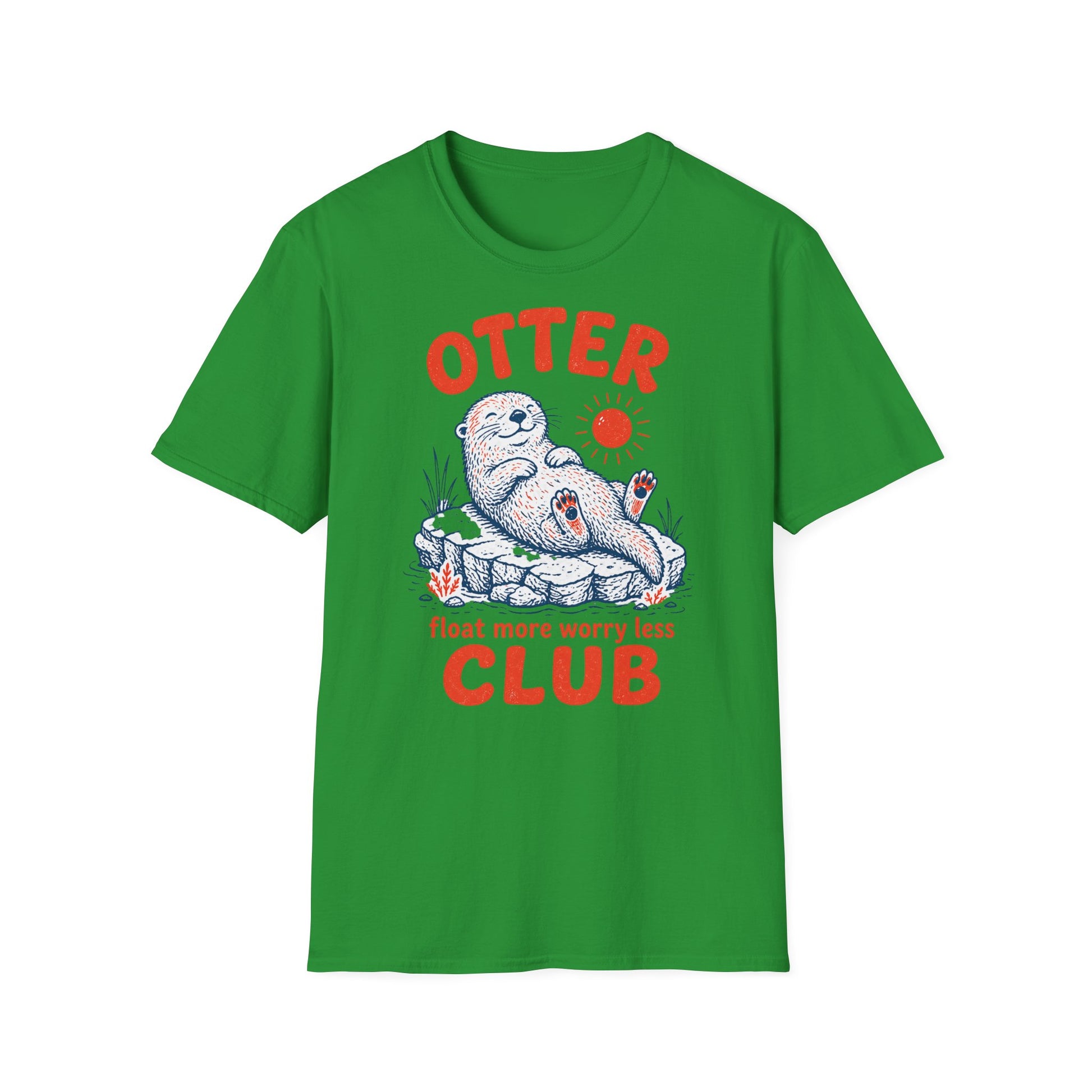 Green t-shirt with an otter graphic and text on a white background