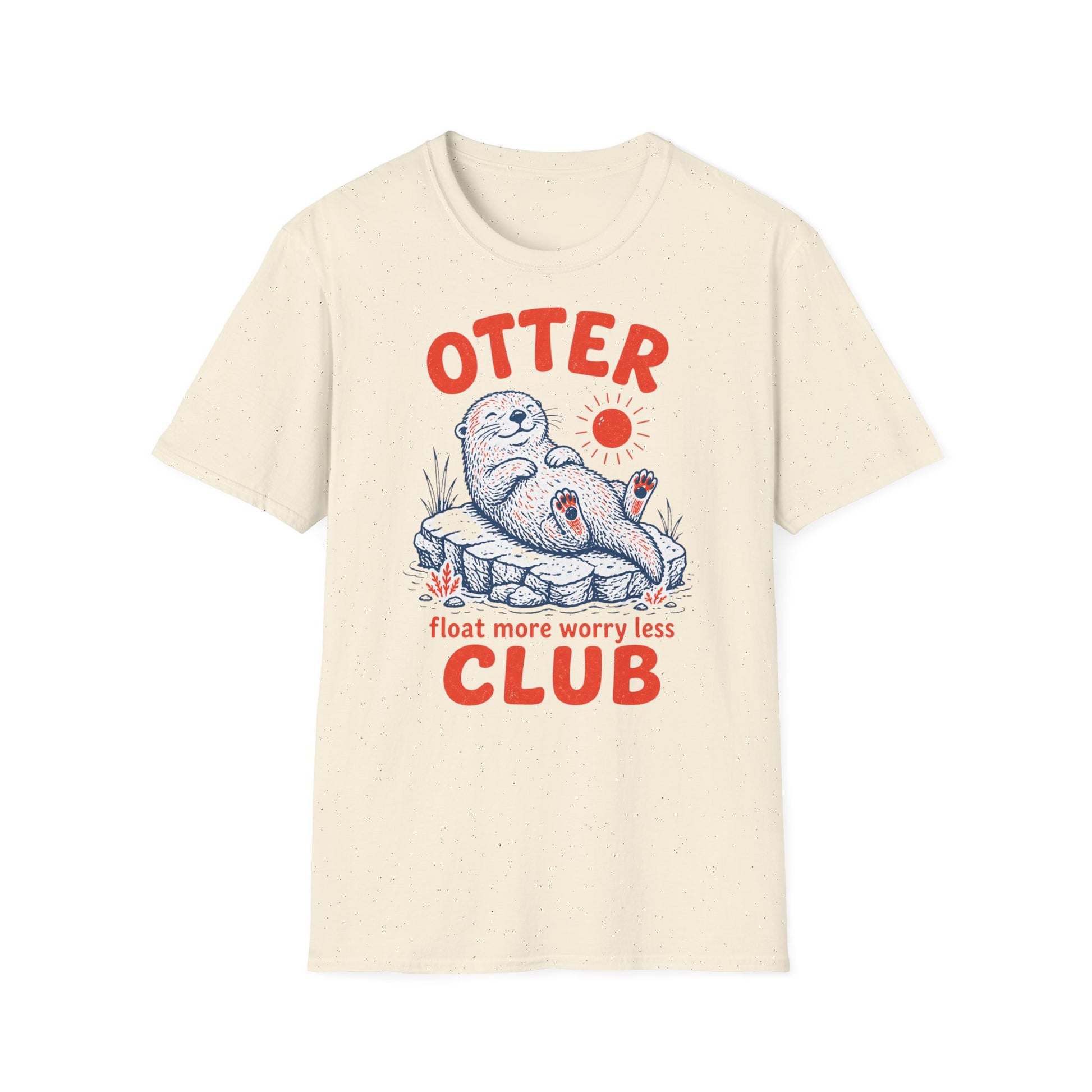 Beige t-shirt with an otter graphic and text on a white background