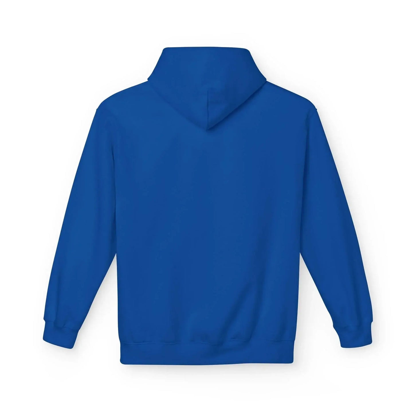 Back view of plain blue hooded sweatshirt for custom printing