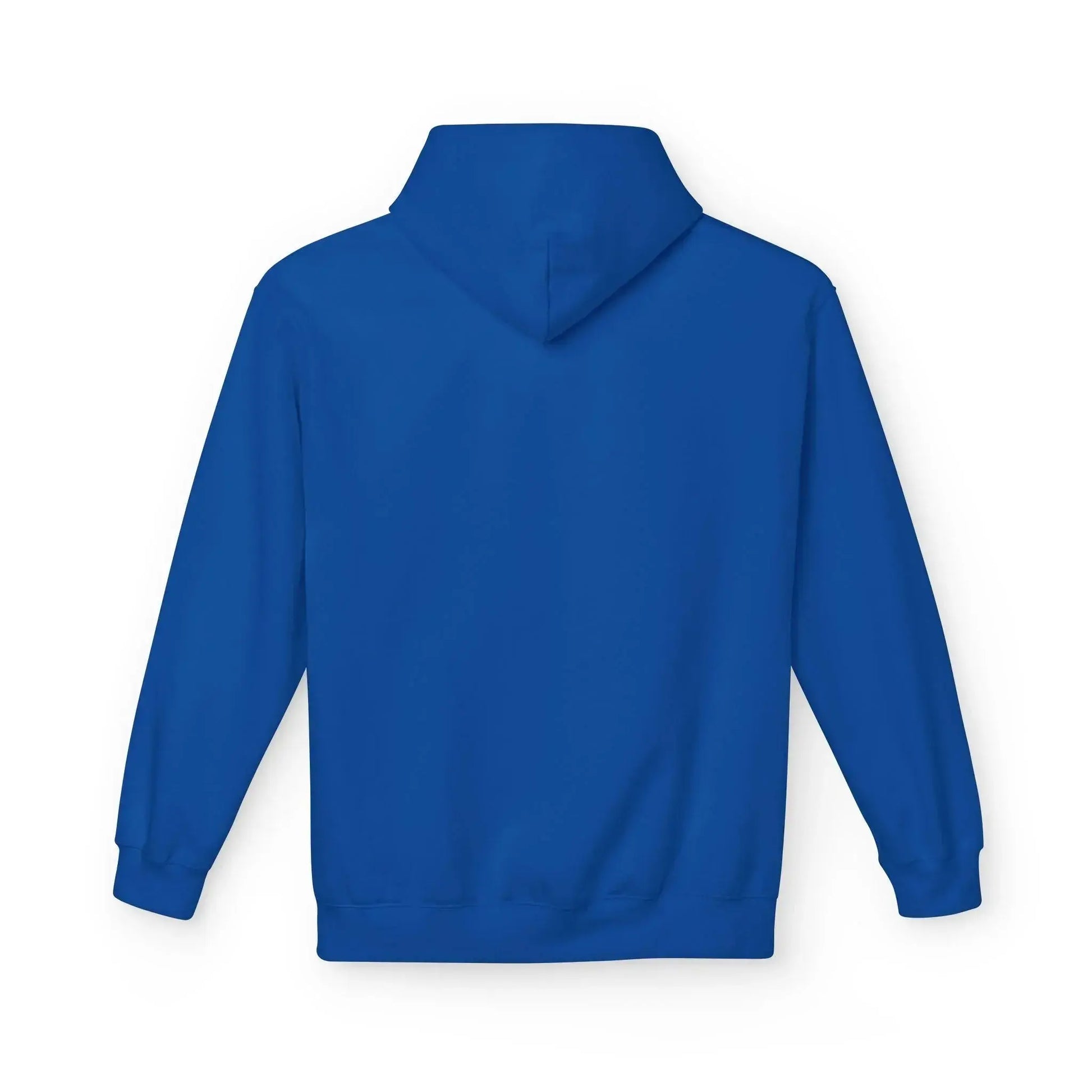 Back view of plain blue hooded sweatshirt for custom printing