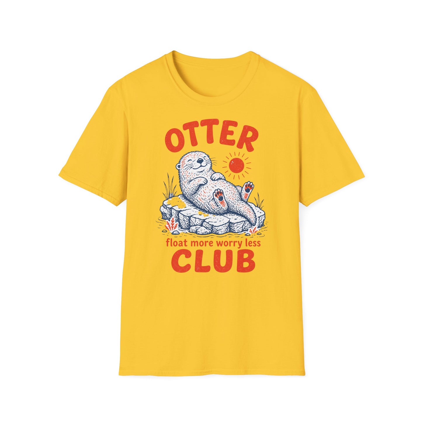 Yellow t-shirt with an otter graphic and text on a white background