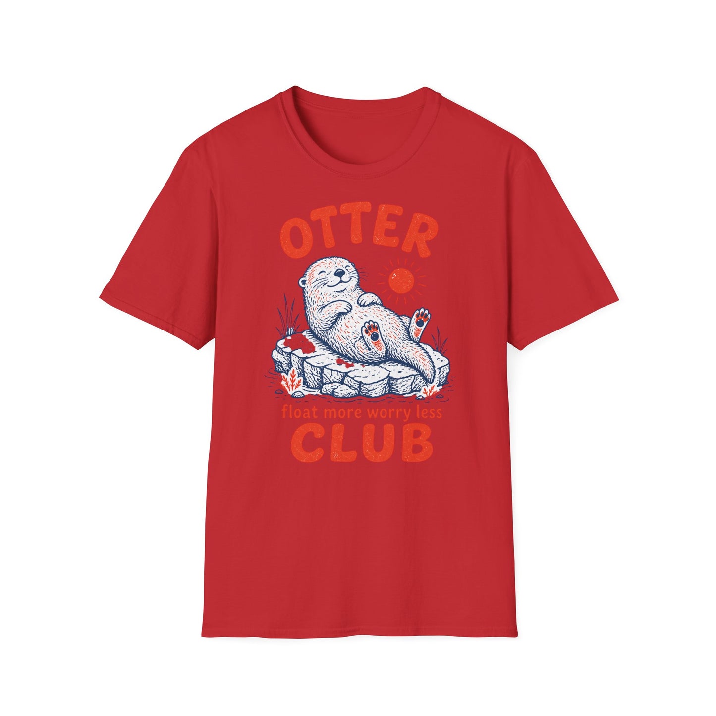 Red t-shirt with an otter graphic and text on a white background