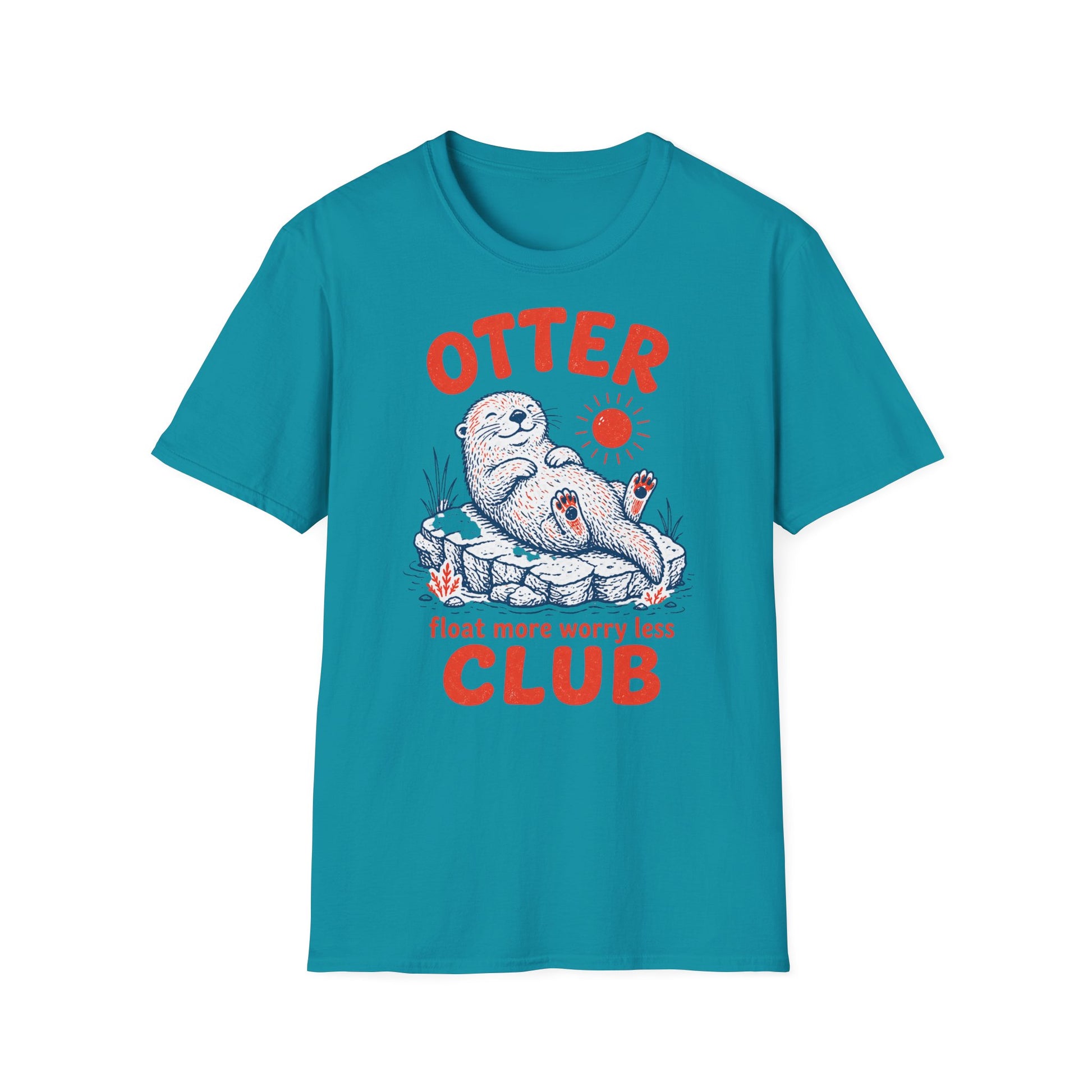 Teal t-shirt with an otter graphic and text on a white background