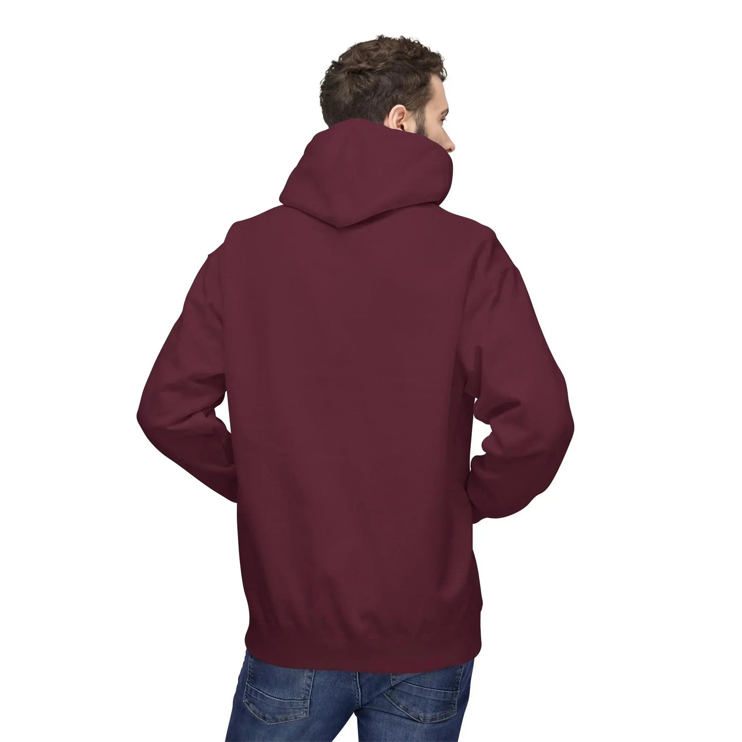 Man wearing blank maroon hoodie and jeans, shown from the back on white background