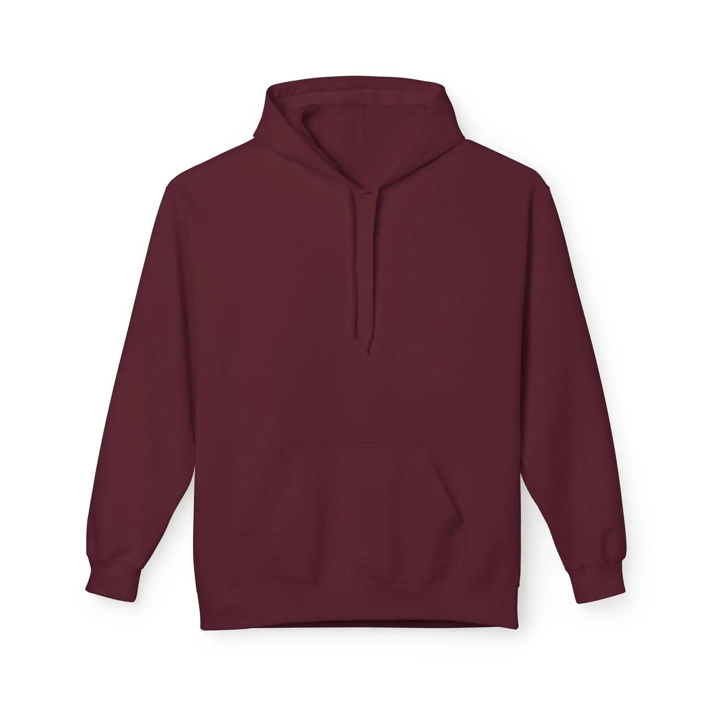 Plain maroon hoodie with front pocket and drawstrings on white background