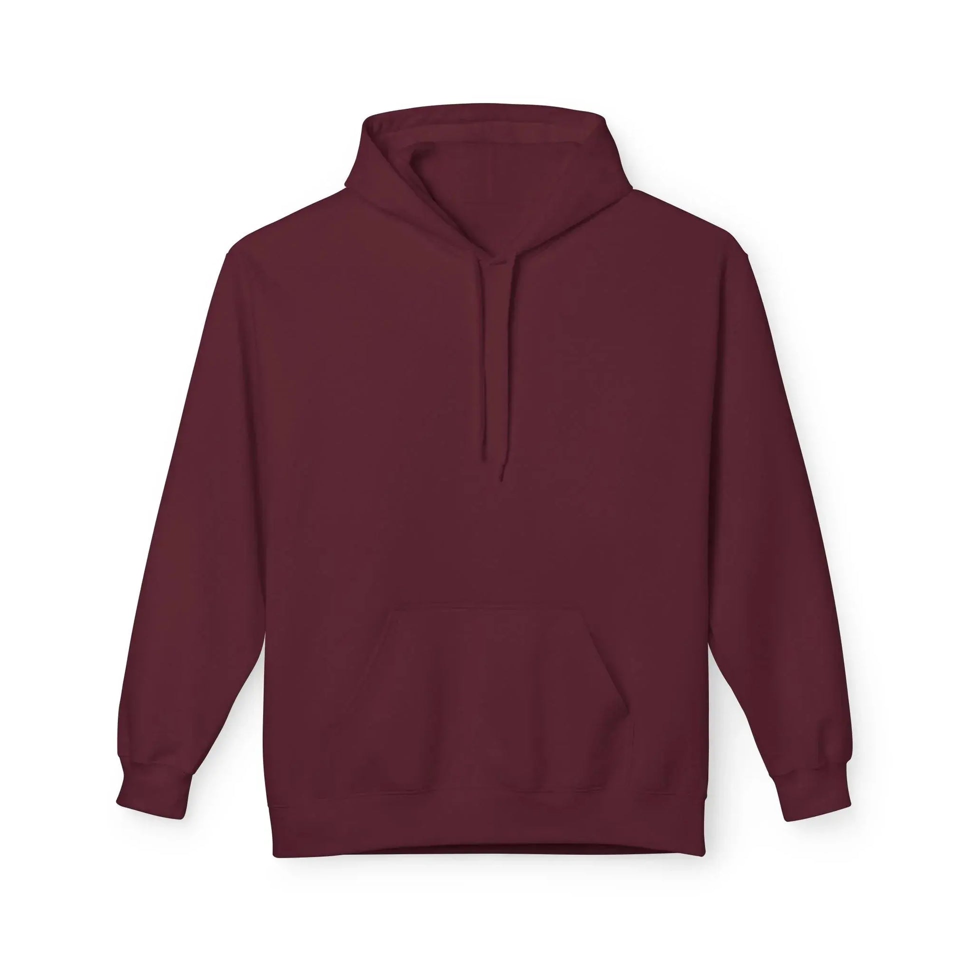 Plain maroon hoodie with front pocket and drawstrings on white background