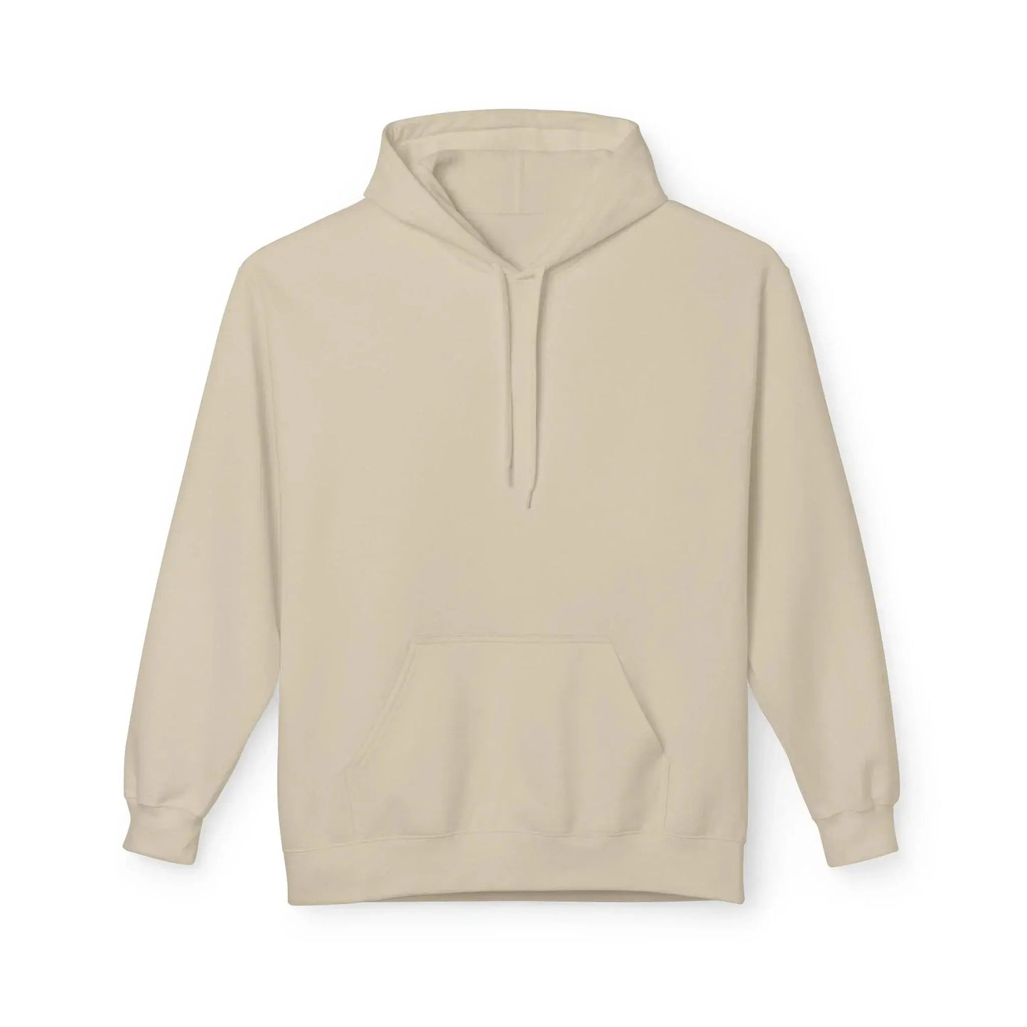 Plain beige hoodie with front pocket and drawstring hood on white background