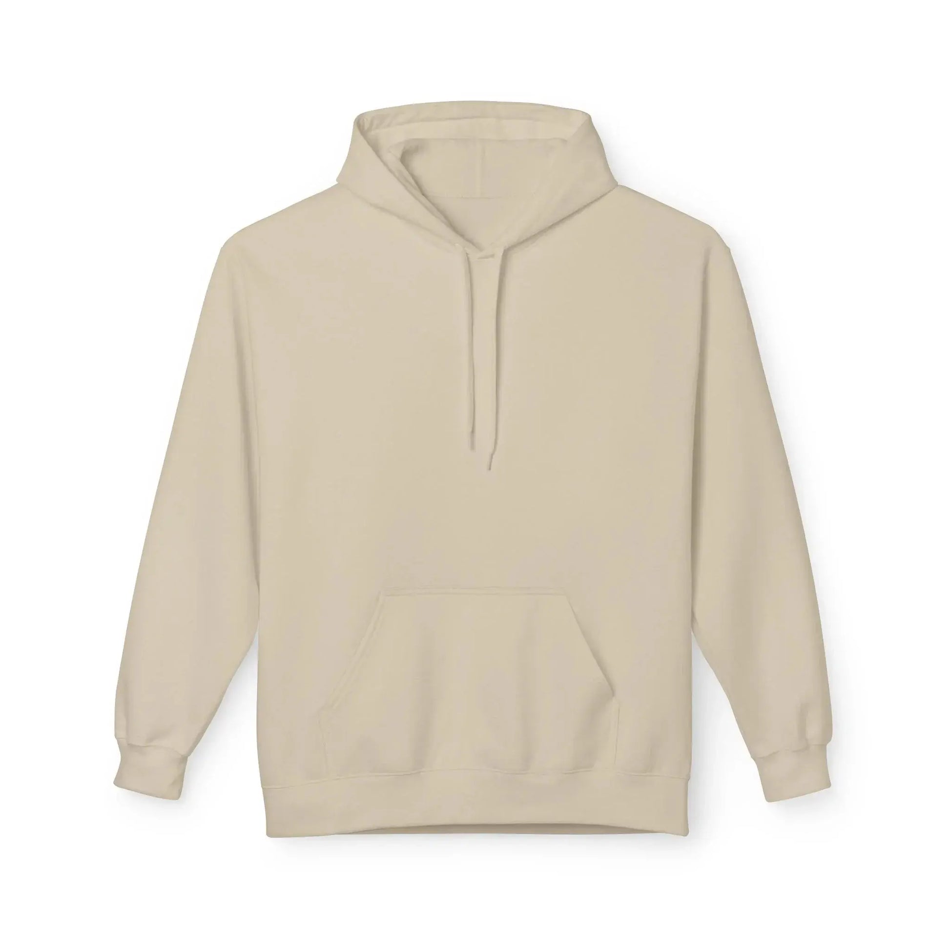 Plain beige hoodie with front pocket and drawstring hood on white background