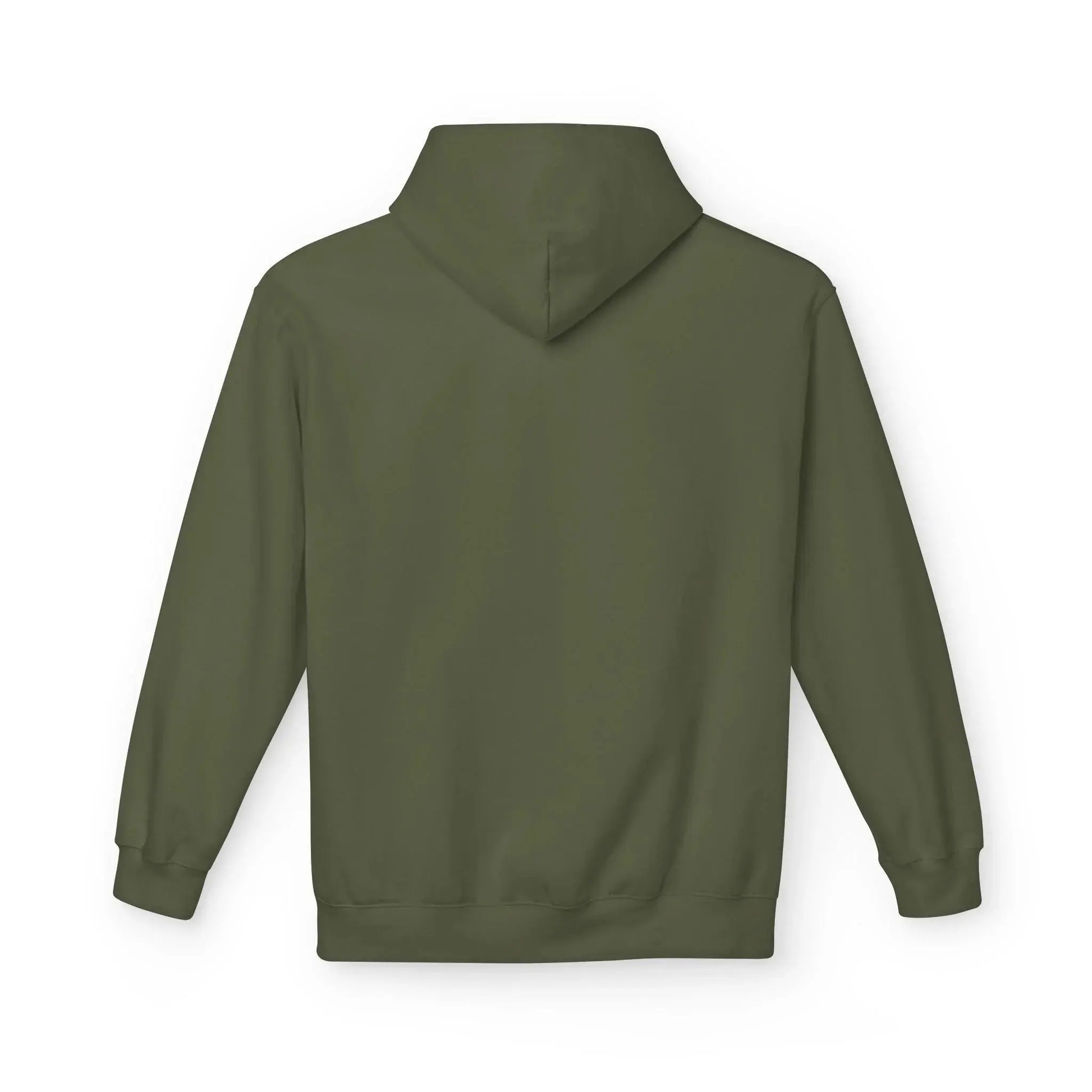 Back view of plain olive green hoodie on white background