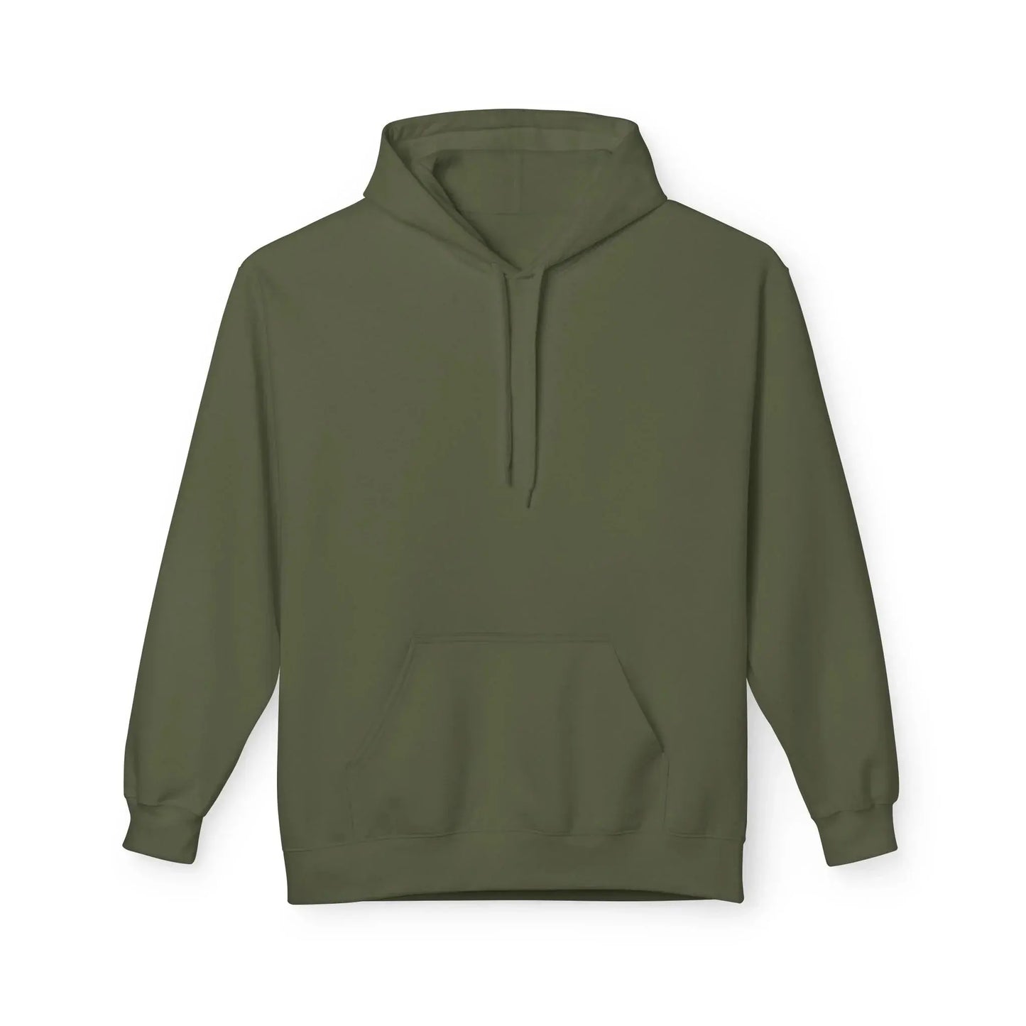 Plain olive green hoodie with front pocket and drawstring hood on white background
