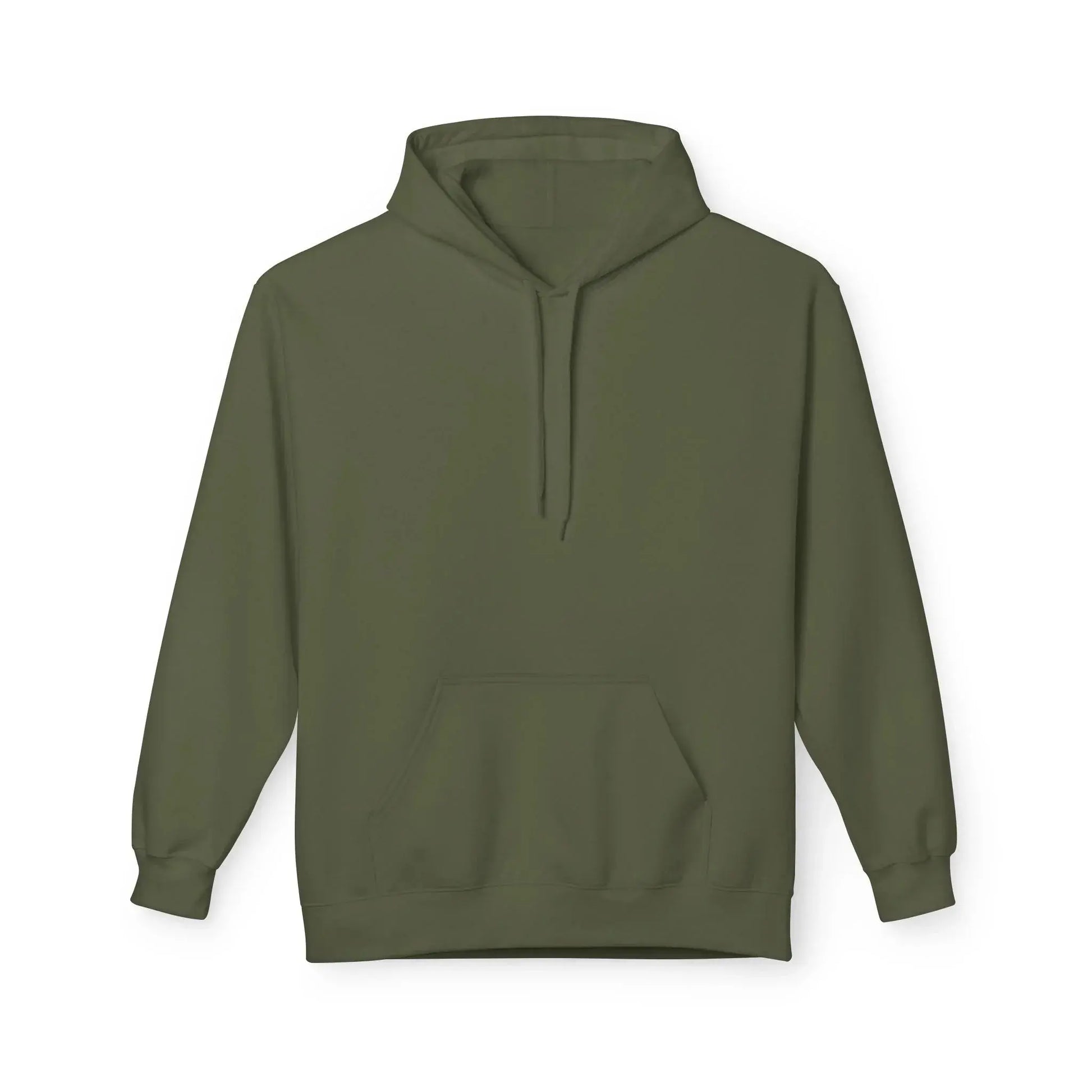 Plain olive green hoodie with front pocket and drawstring hood on white background