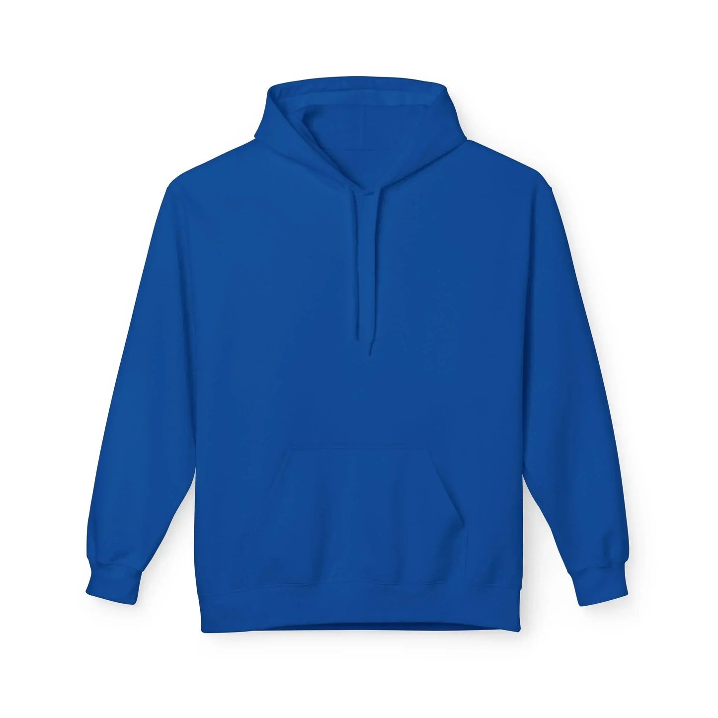 plain blue hoodie with front pocket and drawstrings on white background