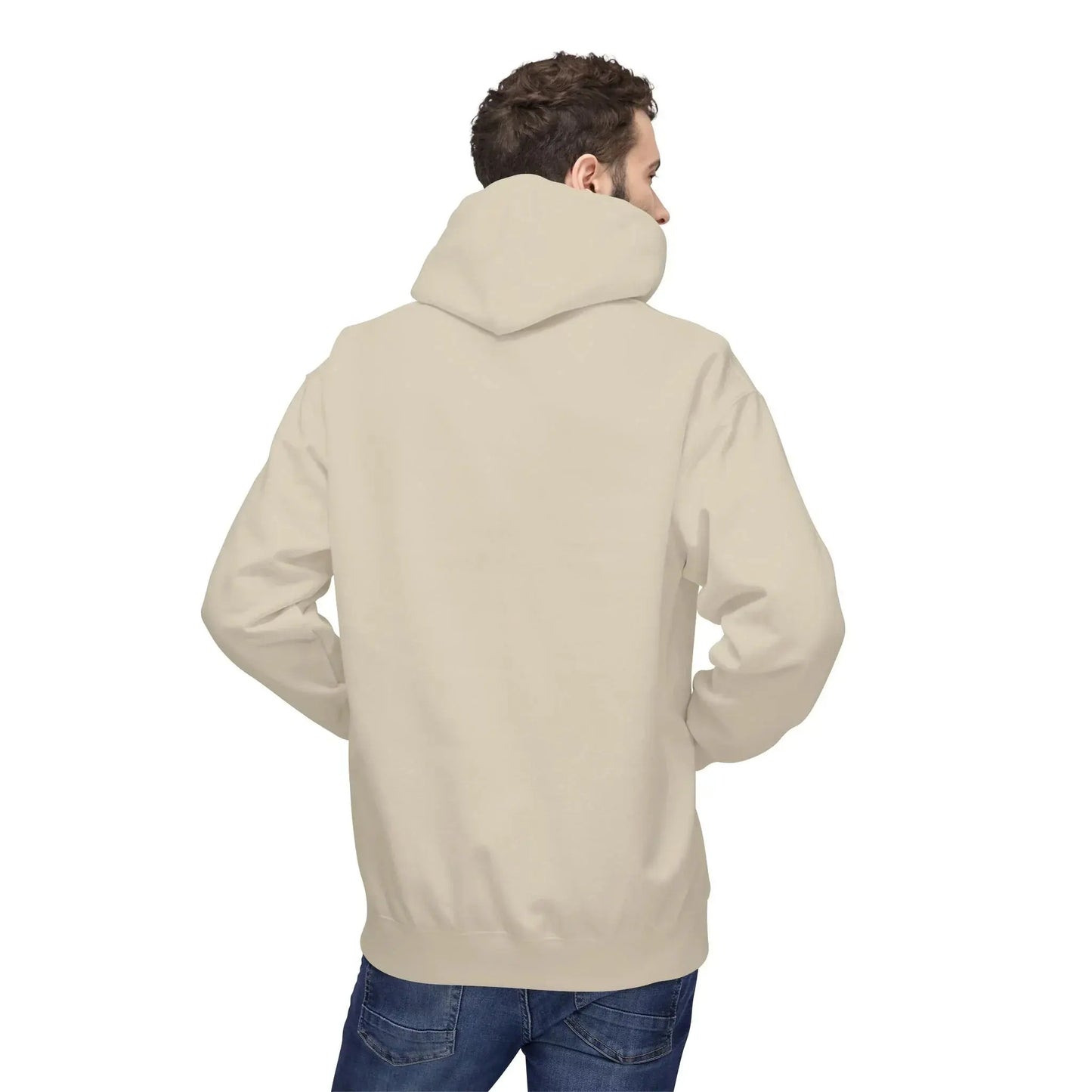 Man wearing plain beige hoodie and blue jeans, back view, isolated on white background