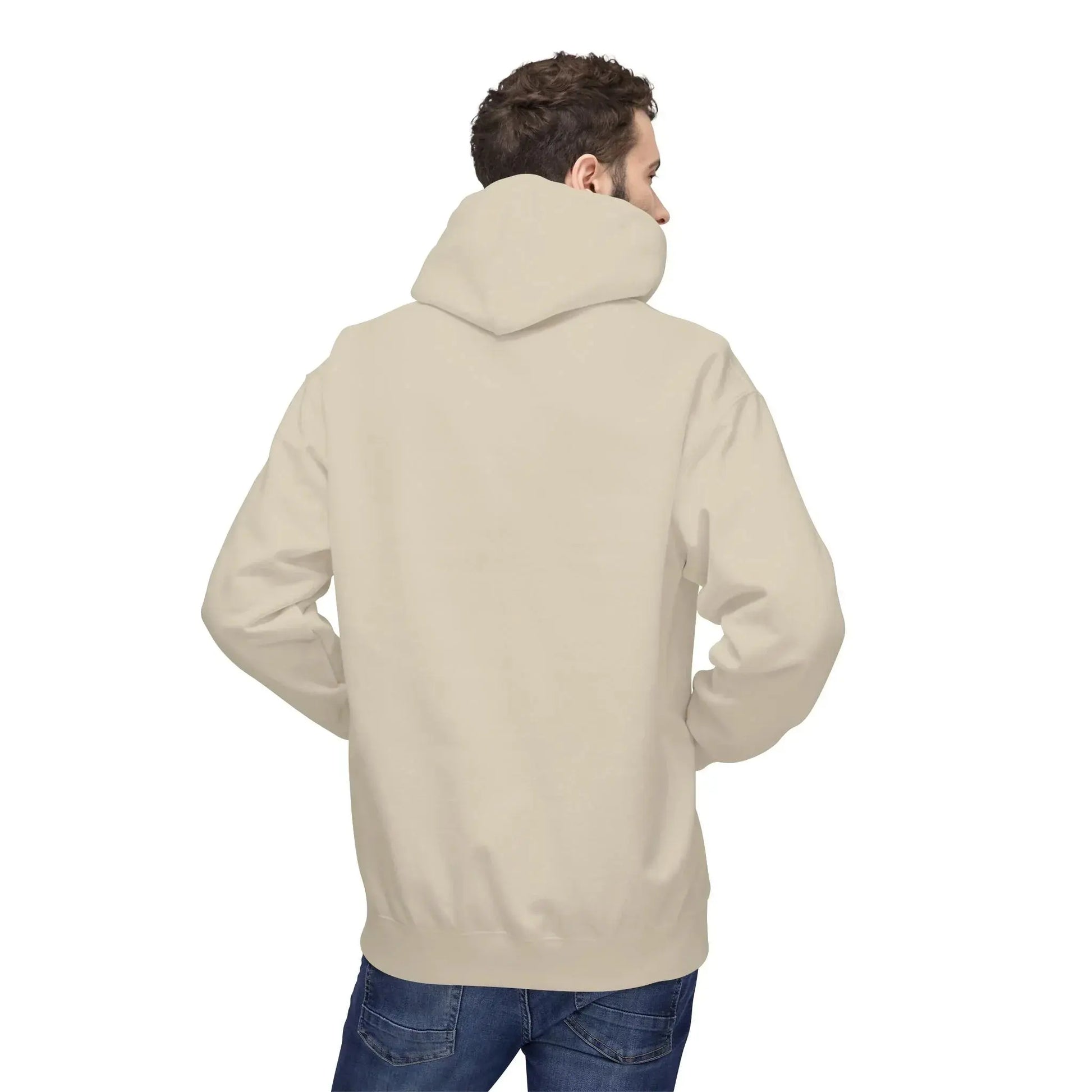 Man wearing plain beige hoodie and blue jeans, back view, isolated on white background