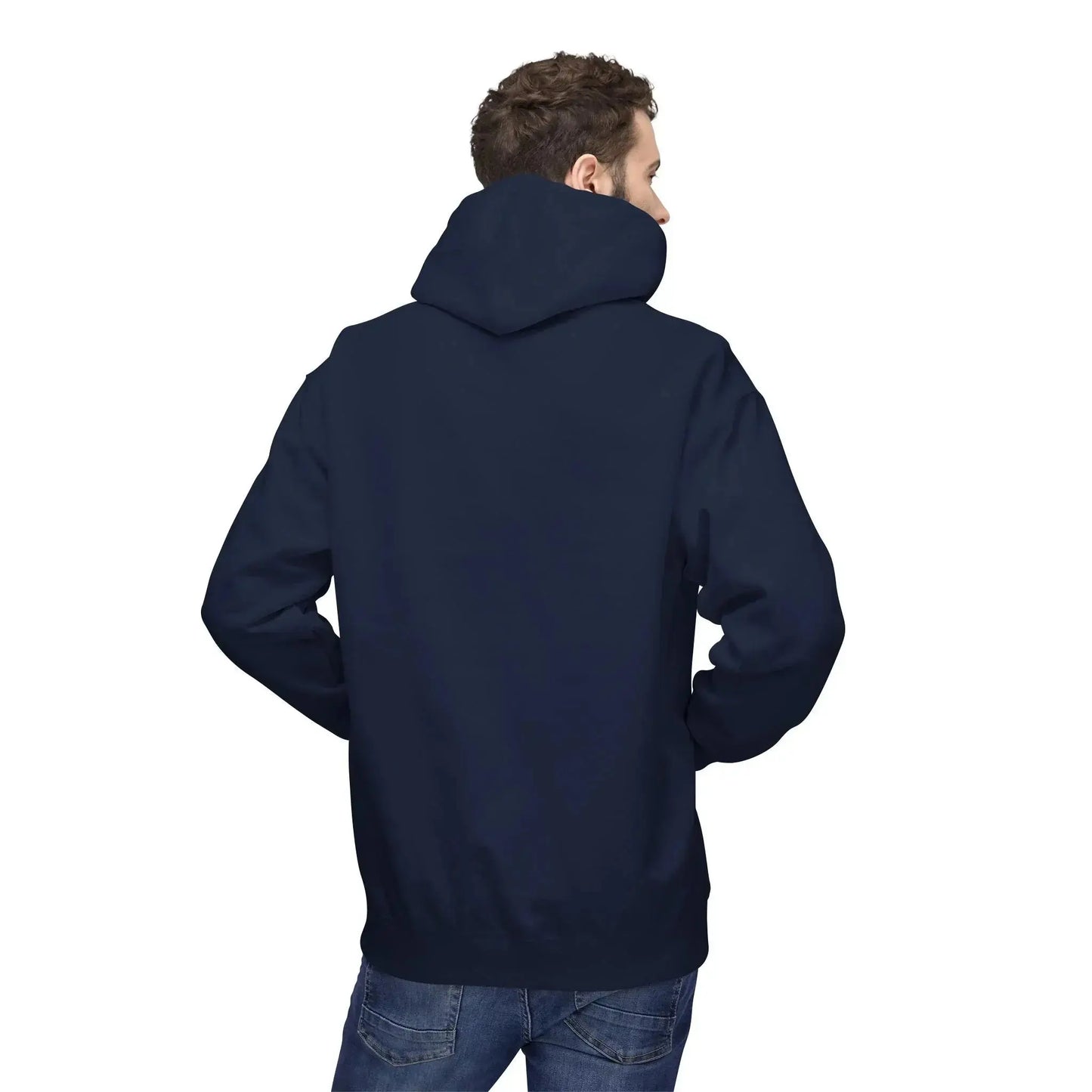 Man wearing plain navy blue hoodie and jeans, back view on white background