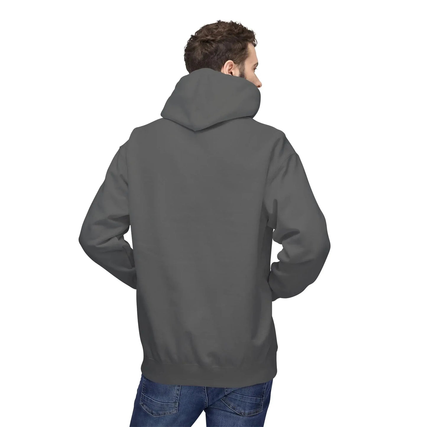 man wearing plain dark gray hoodie and blue jeans, back view, isolated on white background