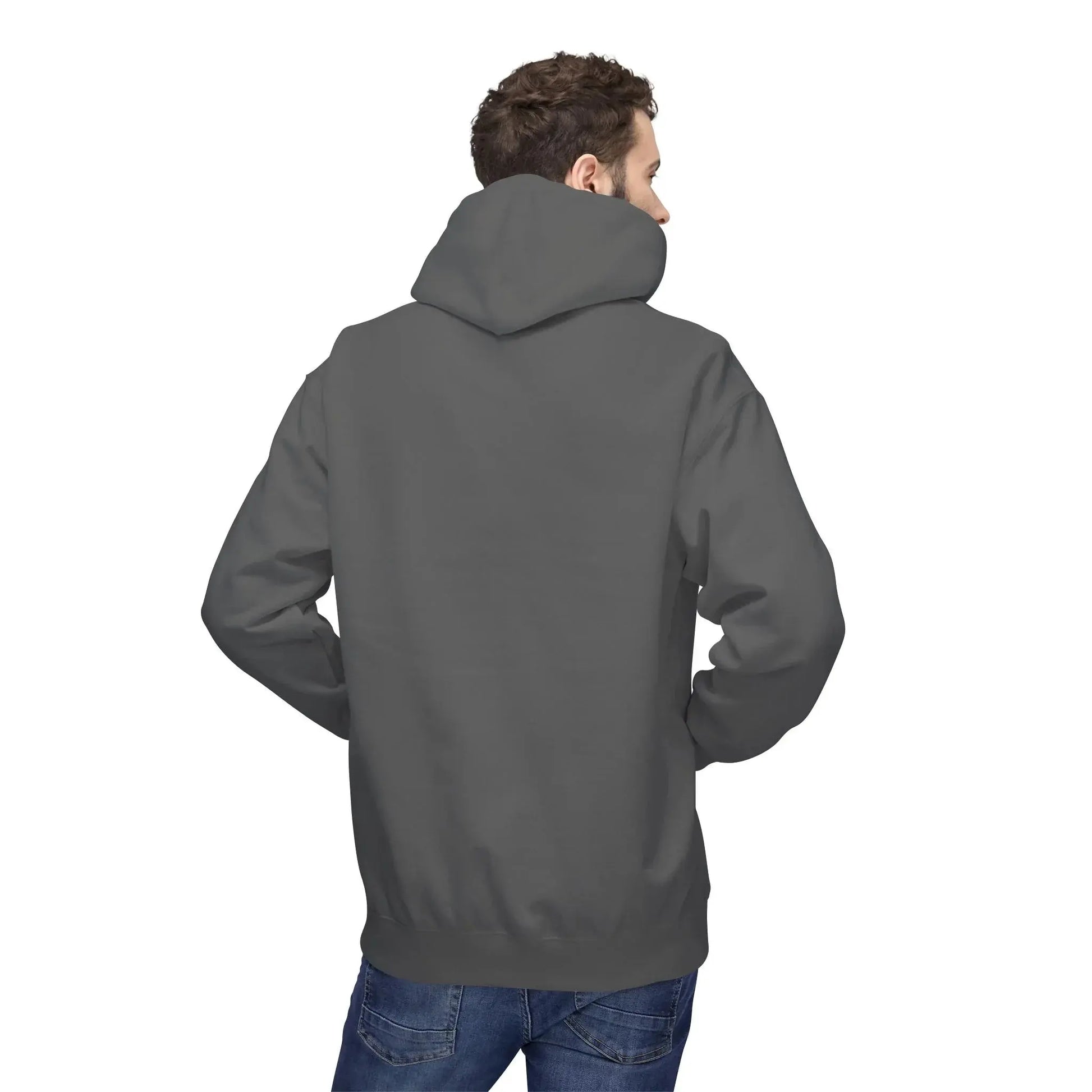 man wearing plain dark gray hoodie and blue jeans, back view, isolated on white background