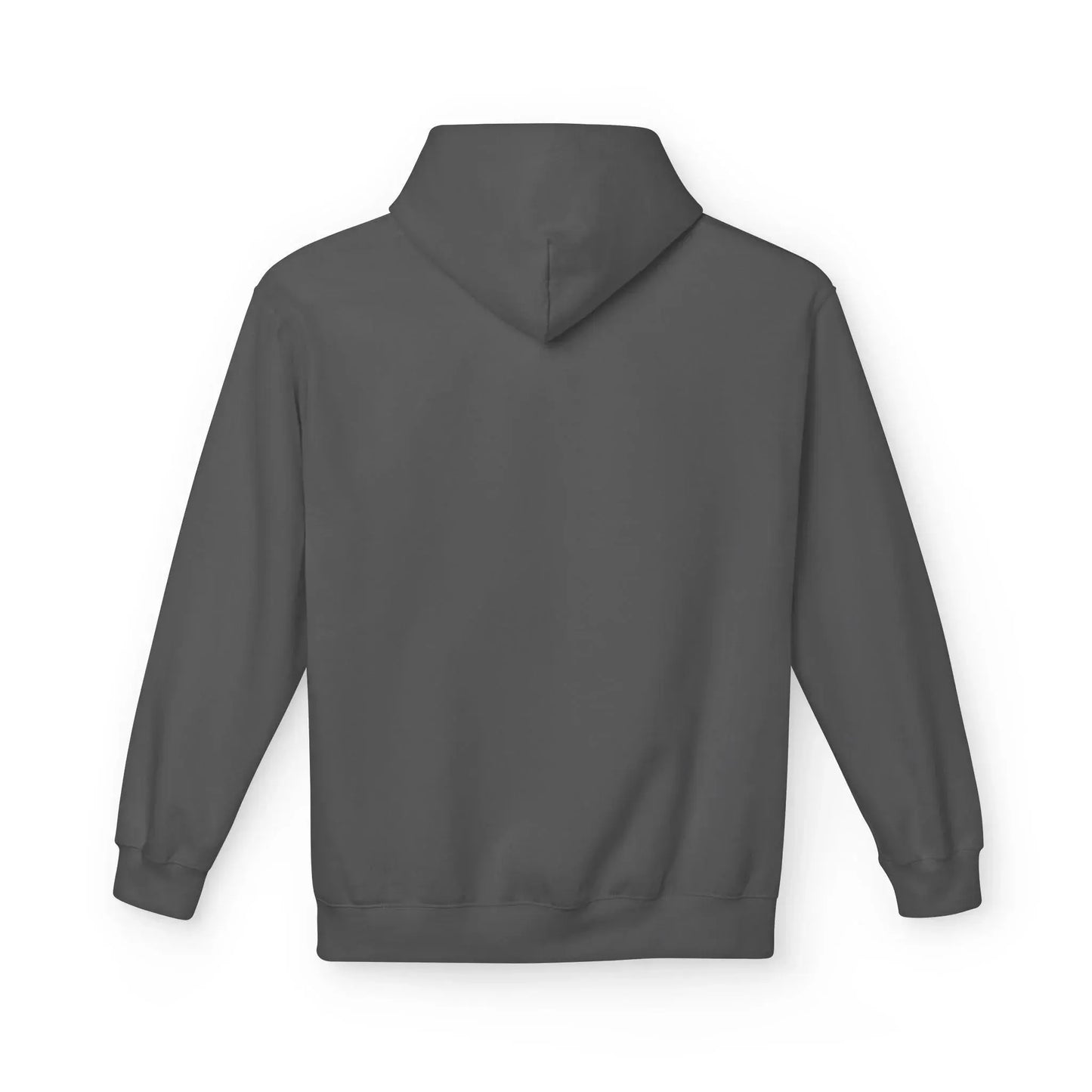 Plain dark gray hoodie, back view, long sleeves, blank for custom printing