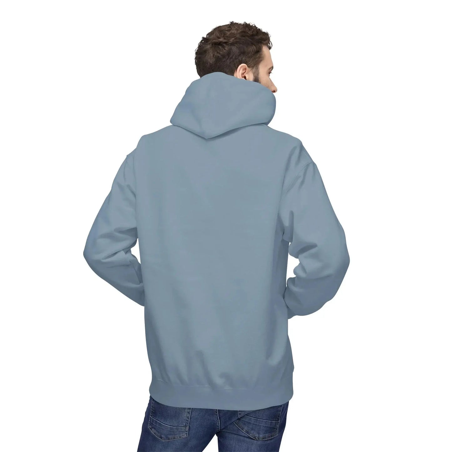 man wearing plain light blue hoodie and blue jeans, back view, isolated on white background