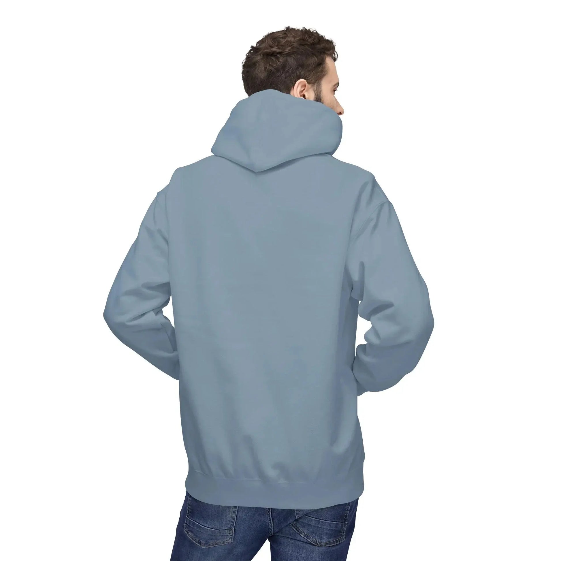 man wearing plain light blue hoodie and blue jeans, back view, isolated on white background