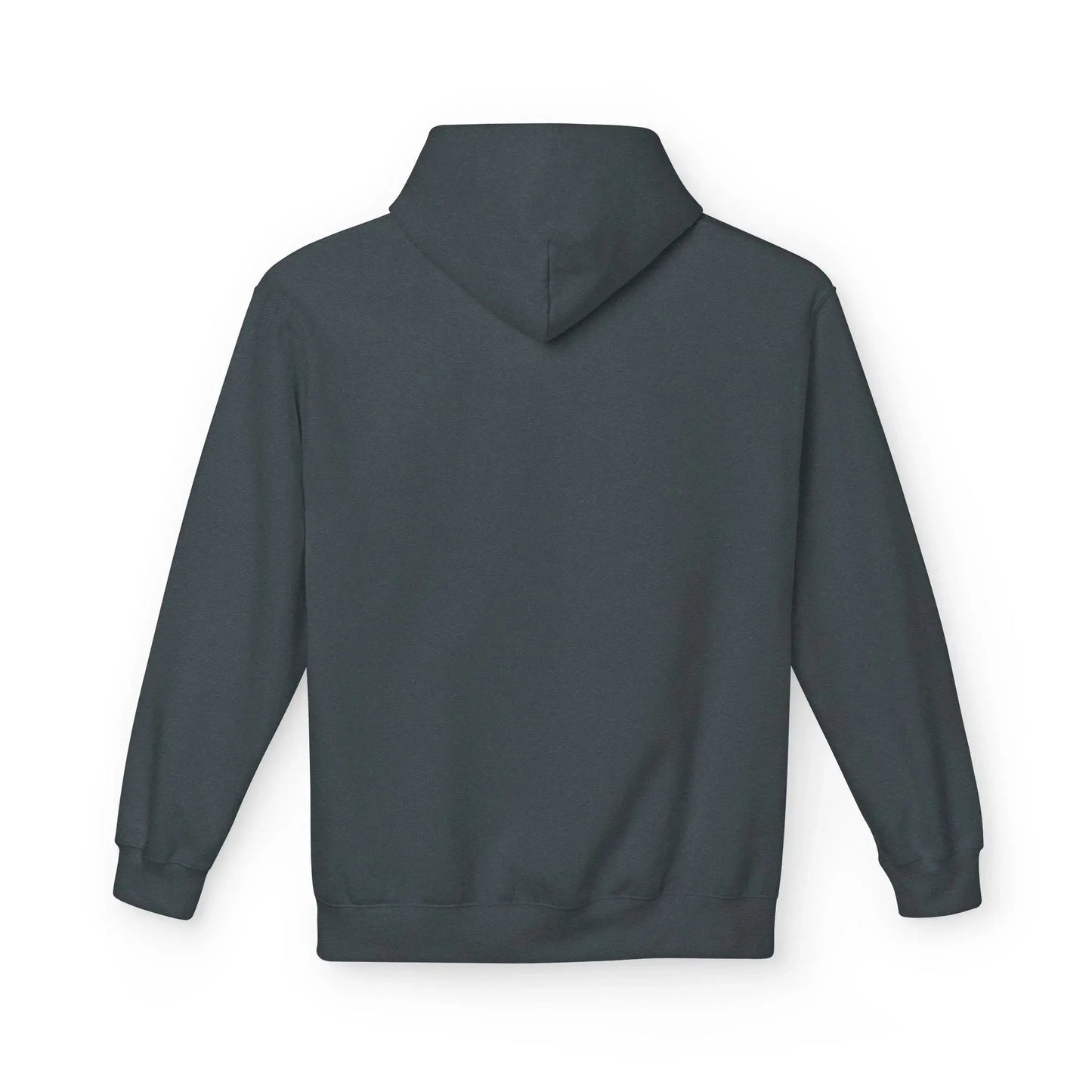 Plain dark gray hoodie, back view, long sleeves, no visible design, on white background