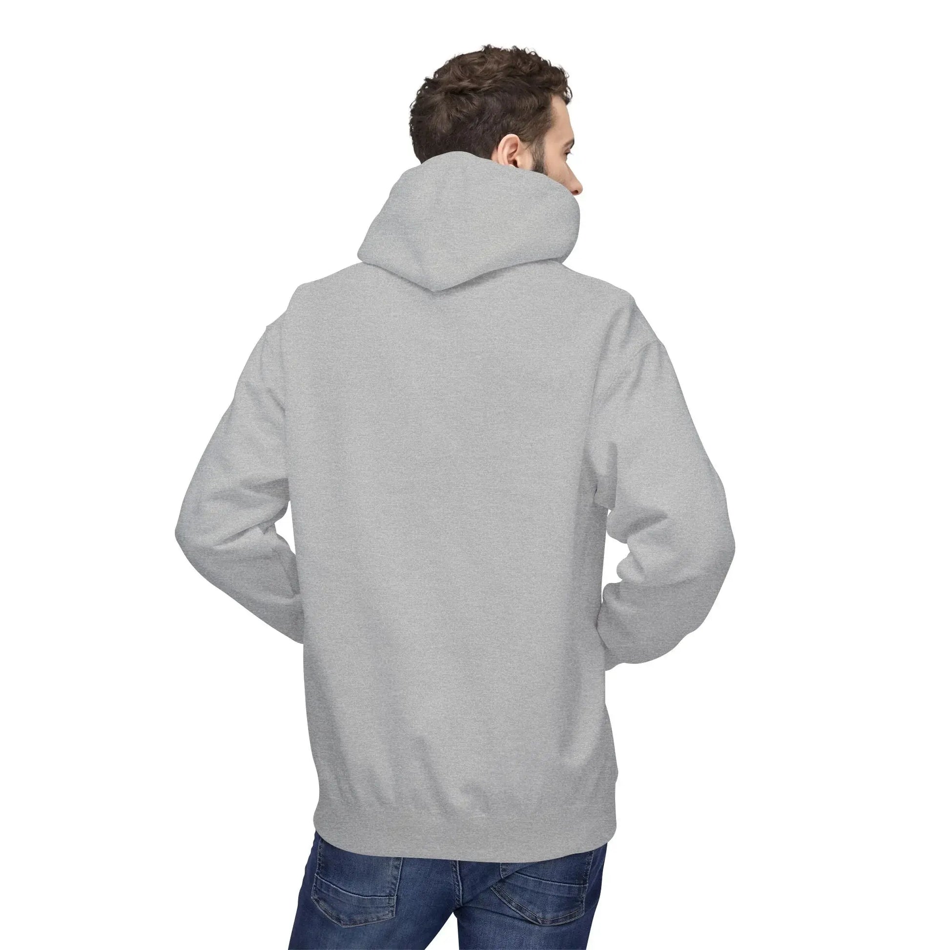 Man wearing plain light gray hoodie and blue jeans, back view, on white background