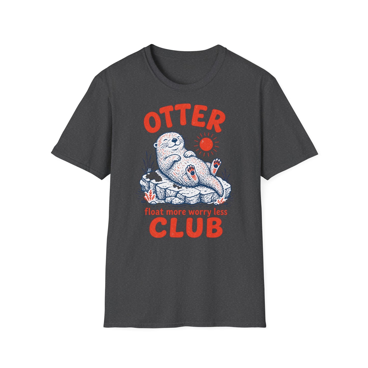 Dark gray t-shirt with an otter graphic and text on a white background