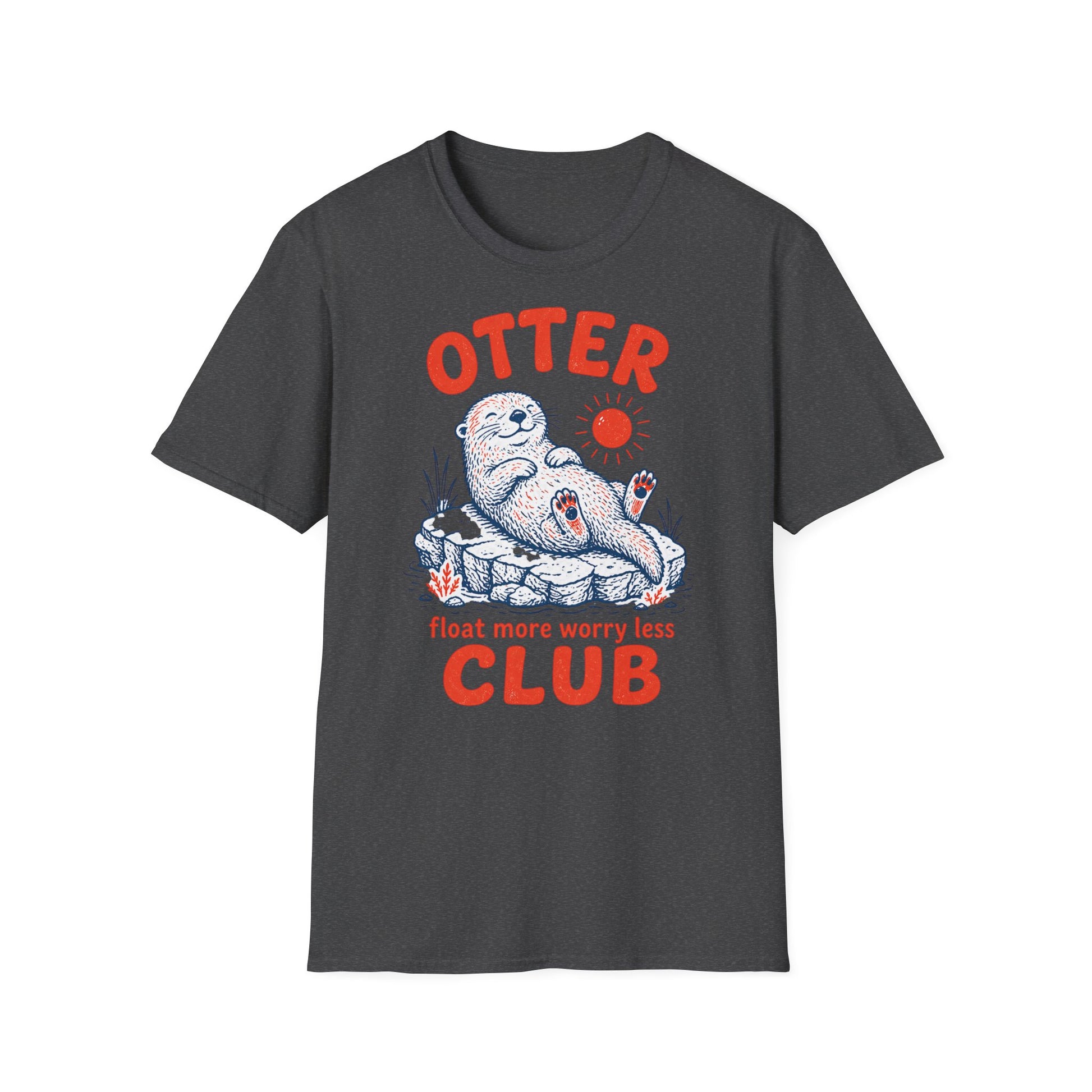 Dark gray t-shirt with an otter graphic and text on a white background
