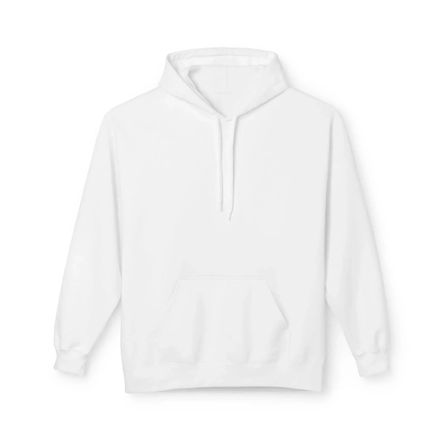Plain white hoodie with front pocket and drawstrings on a white background