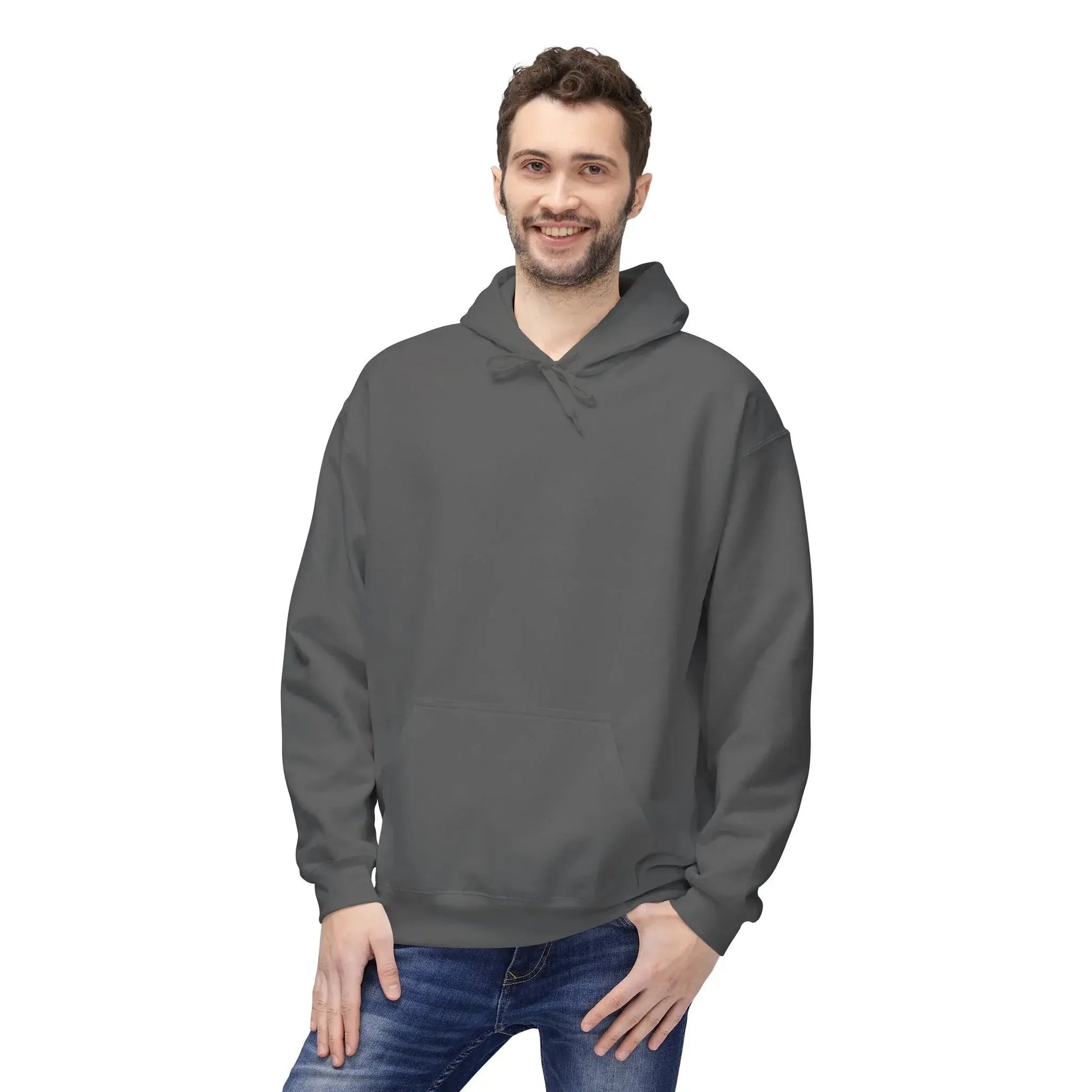 Man wearing plain gray hoodie and blue jeans on white background