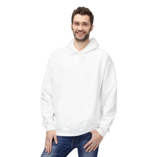 man wearing plain white hoodie and blue jeans on white background