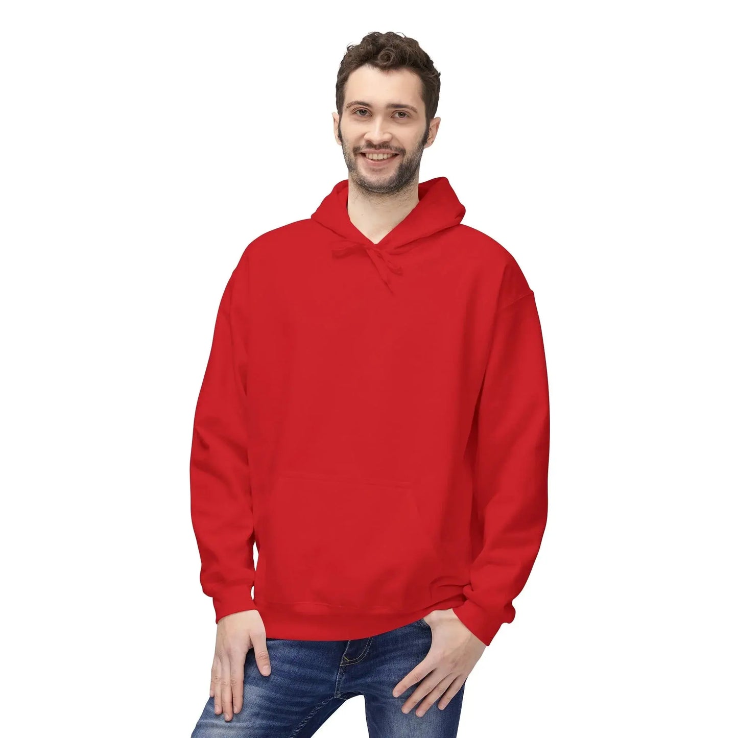 Smiling man wearing a plain red hoodie with front pocket and blue jeans on white background