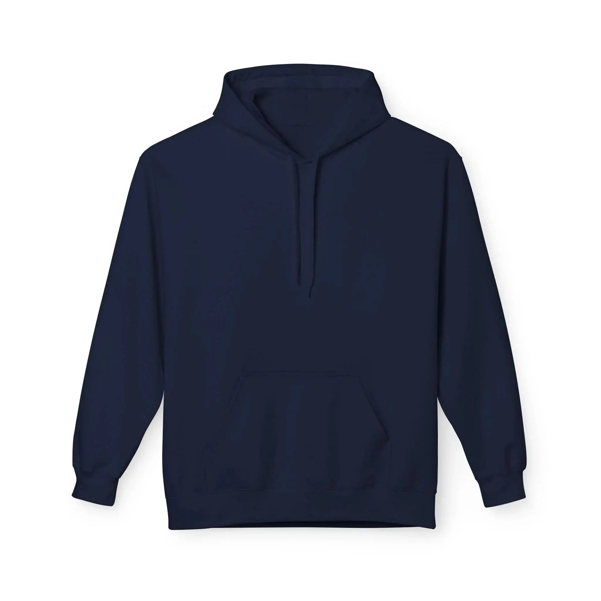 Plain navy blue hoodie with front pocket and drawstring hood on white background