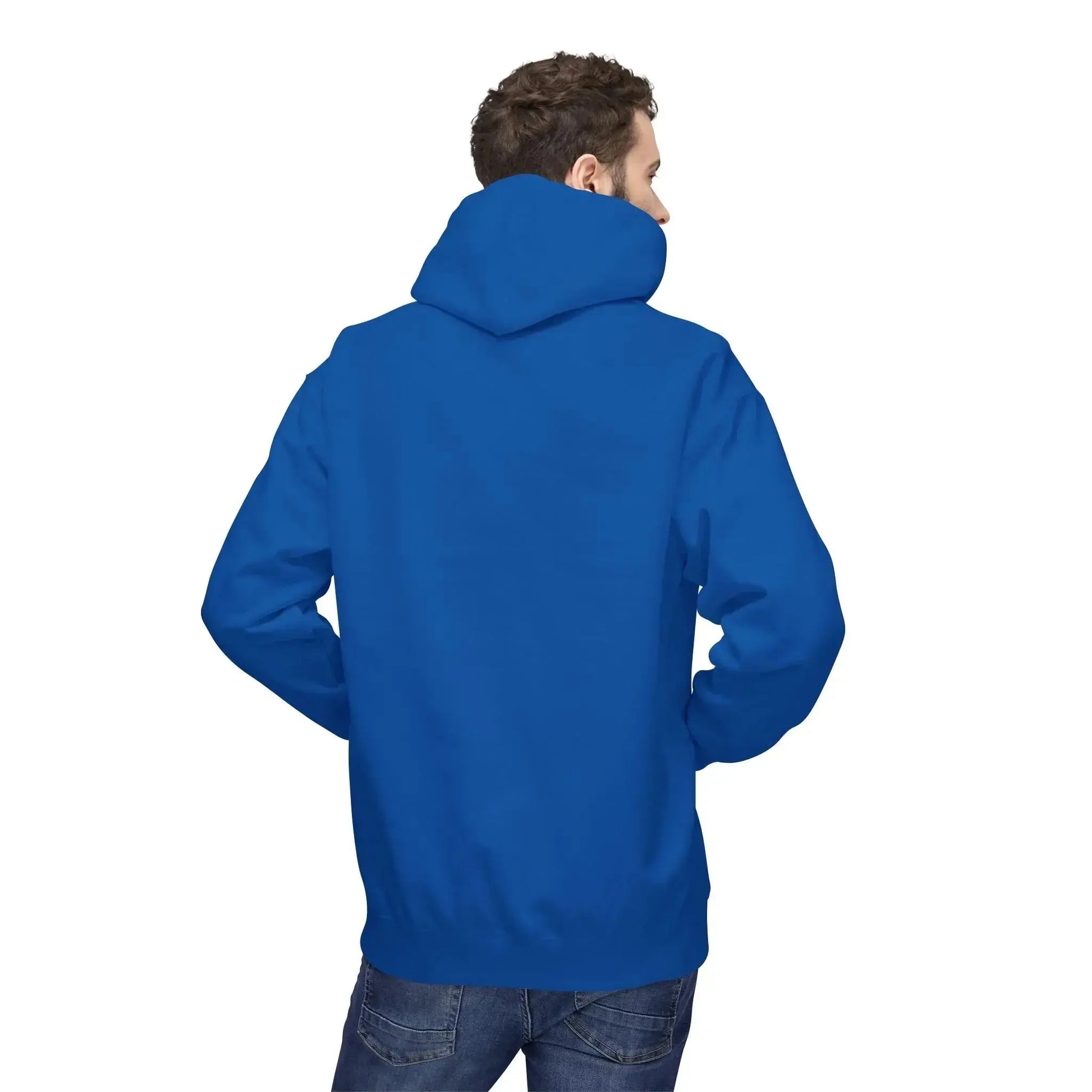 man wearing plain blue hoodie, back view, blank for custom sweatshirt printing