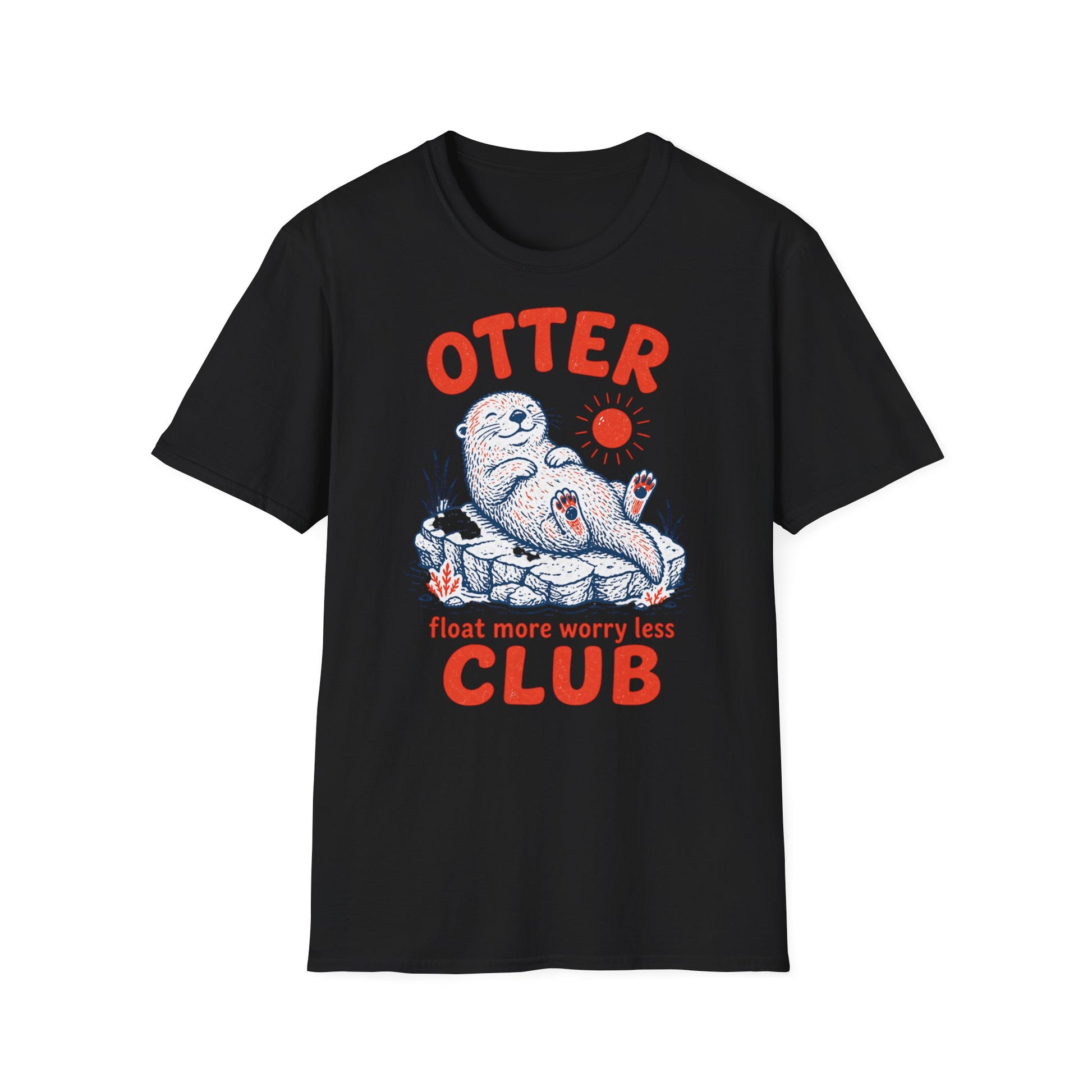 Black t-shirt with an otter graphic and text on a white background