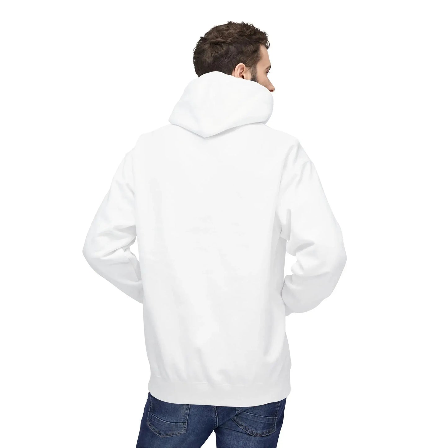 man wearing plain white hoodie and blue jeans, back view, isolated on white background