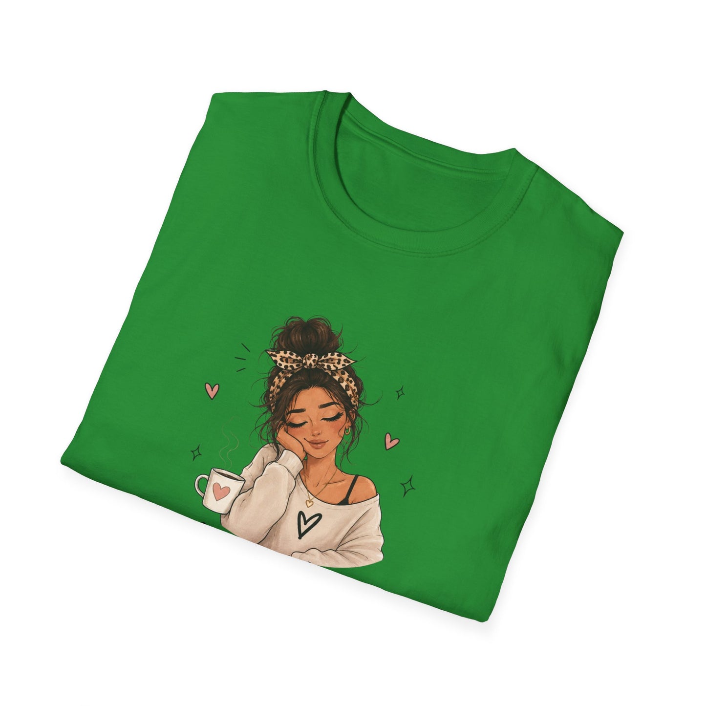 Green t-shirt with an illustration of a woman holding a mug on a white background