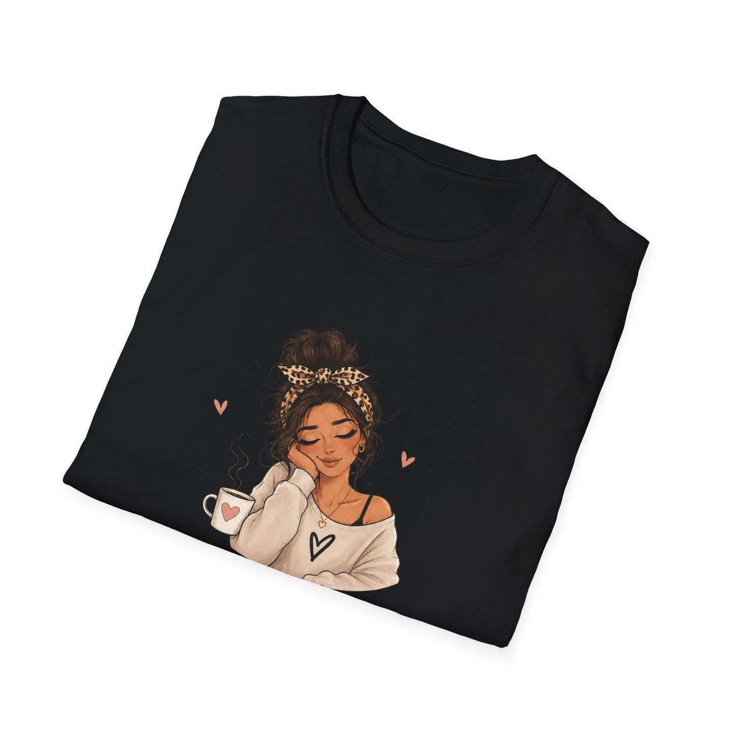 Black t-shirt with a graphic of a woman holding a mug on a white background