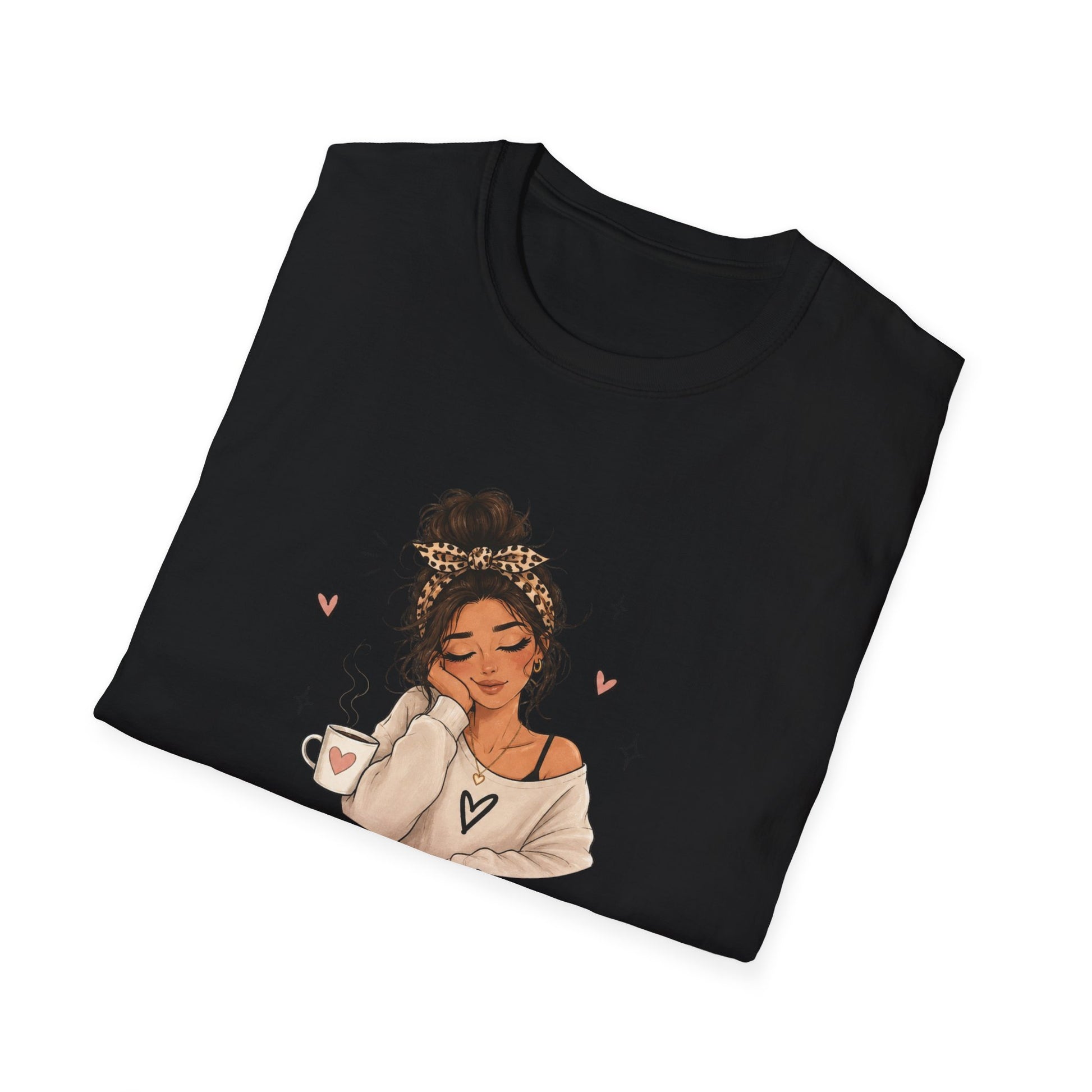 Black t-shirt with a graphic of a woman holding a mug on a white background