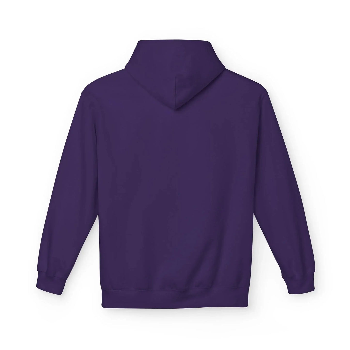 Plain purple hoodie, back view, long sleeves, blank for custom t-shirt printing.