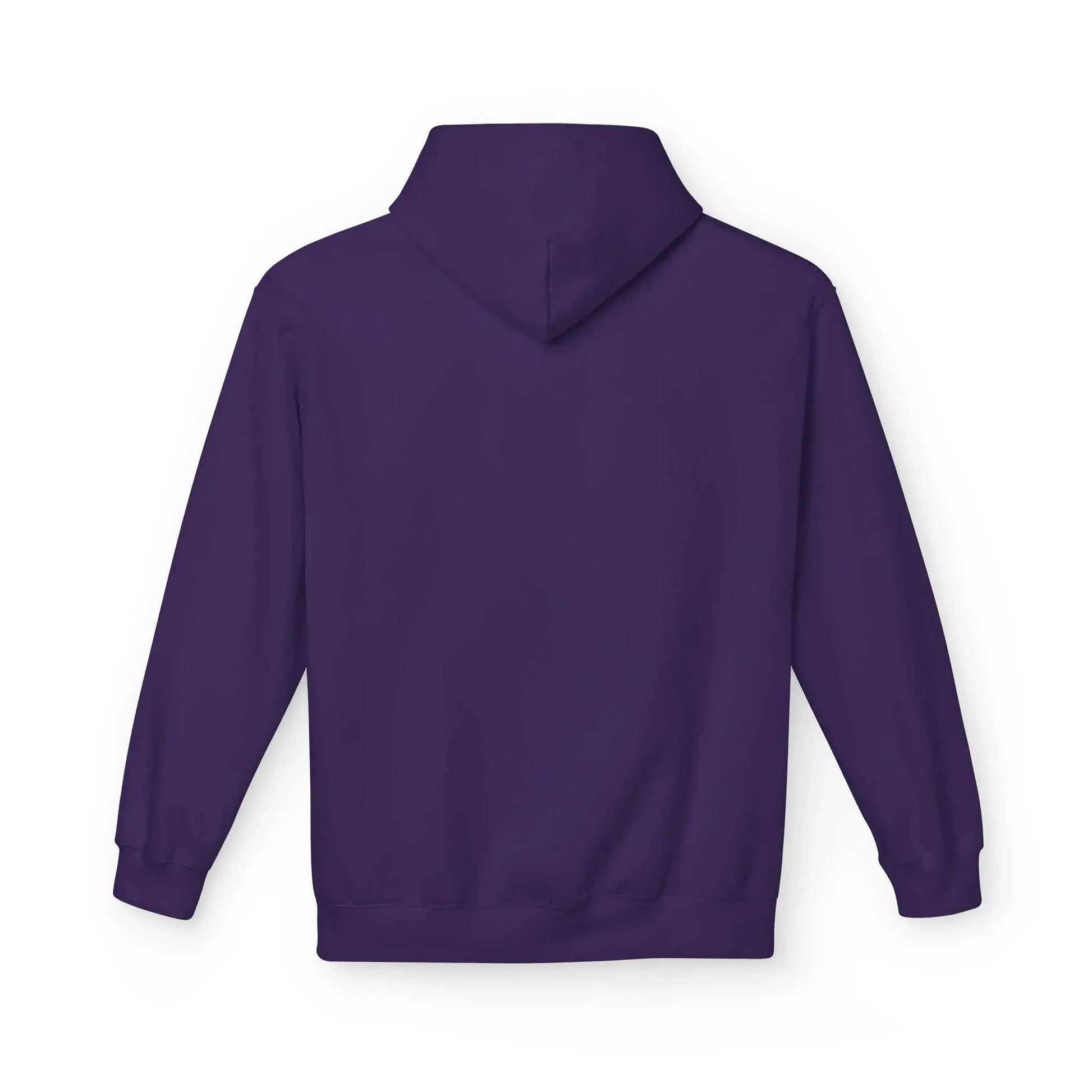 Plain purple hoodie, back view, long sleeves, blank for custom t-shirt printing.