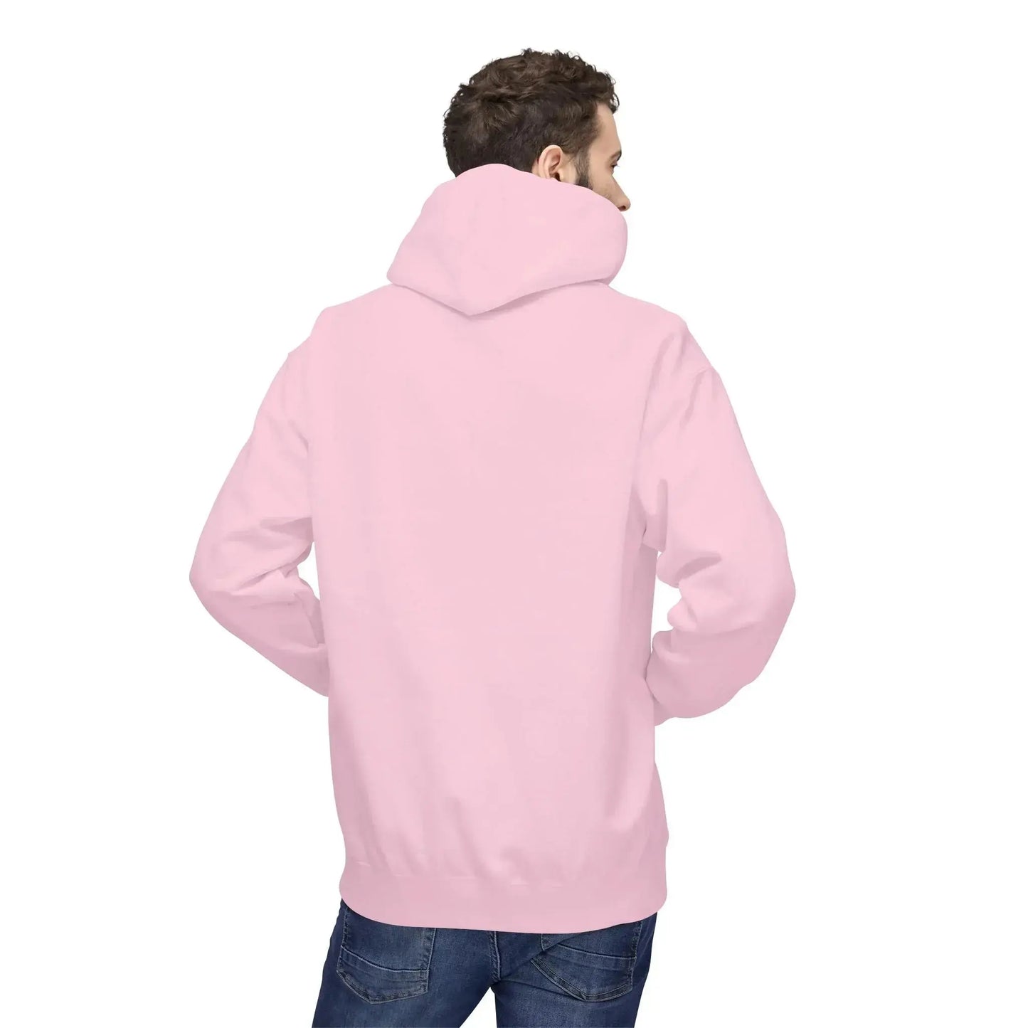 man wearing plain light pink hoodie and blue jeans, back view on white background