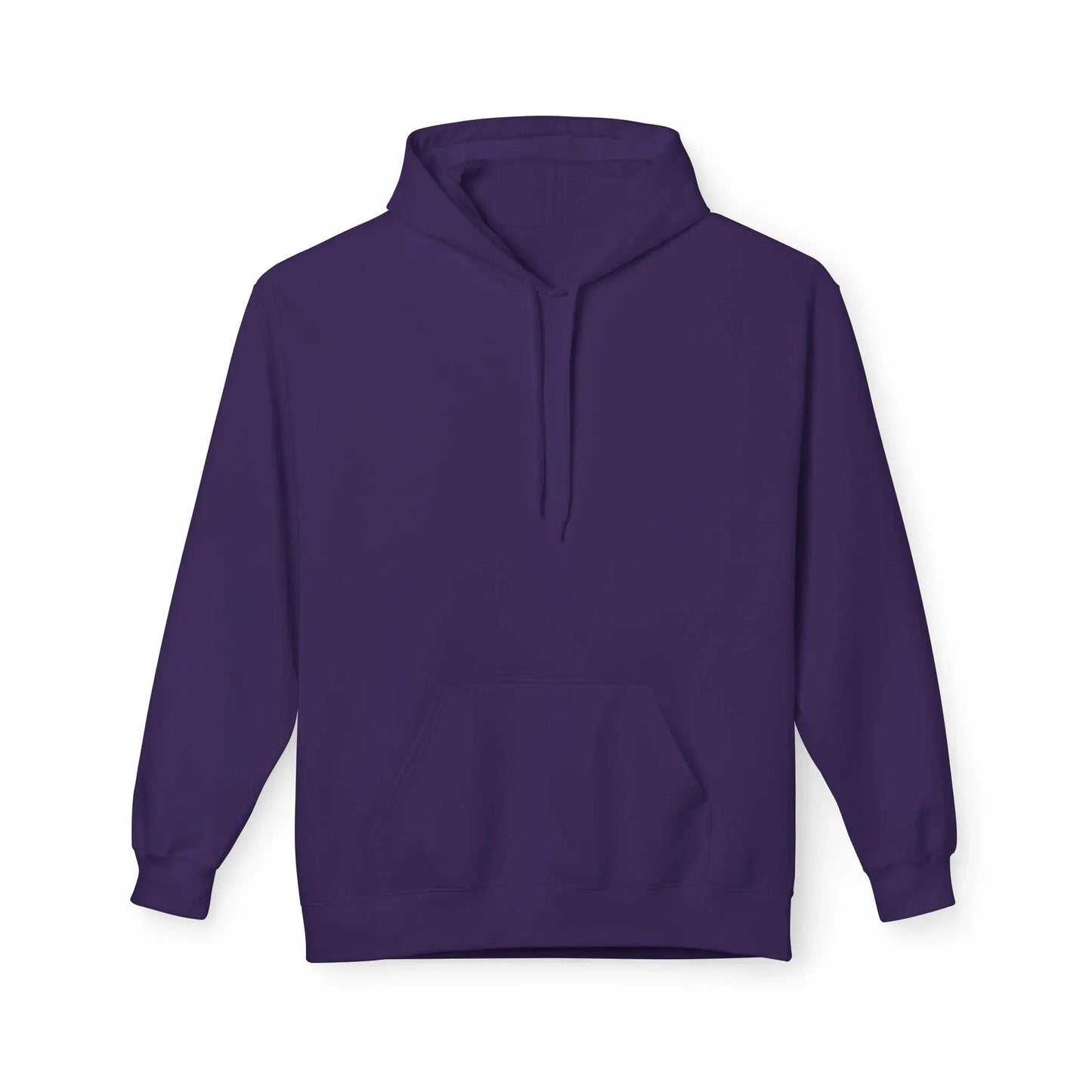 Plain purple hoodie with front pocket and drawstring, isolated on white background