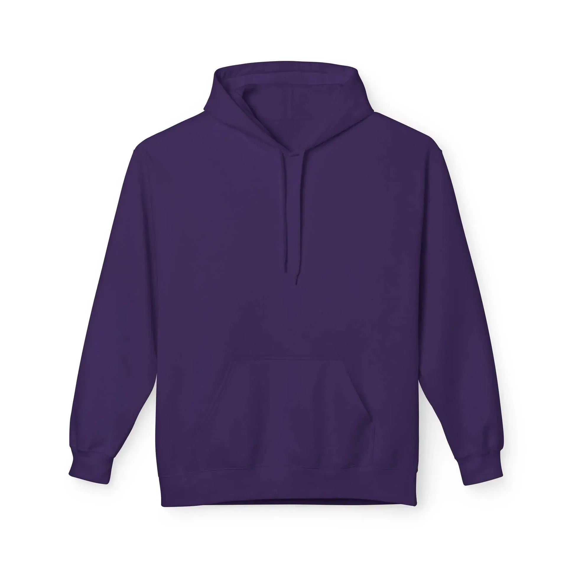 Plain purple hoodie with front pocket and drawstring, isolated on white background