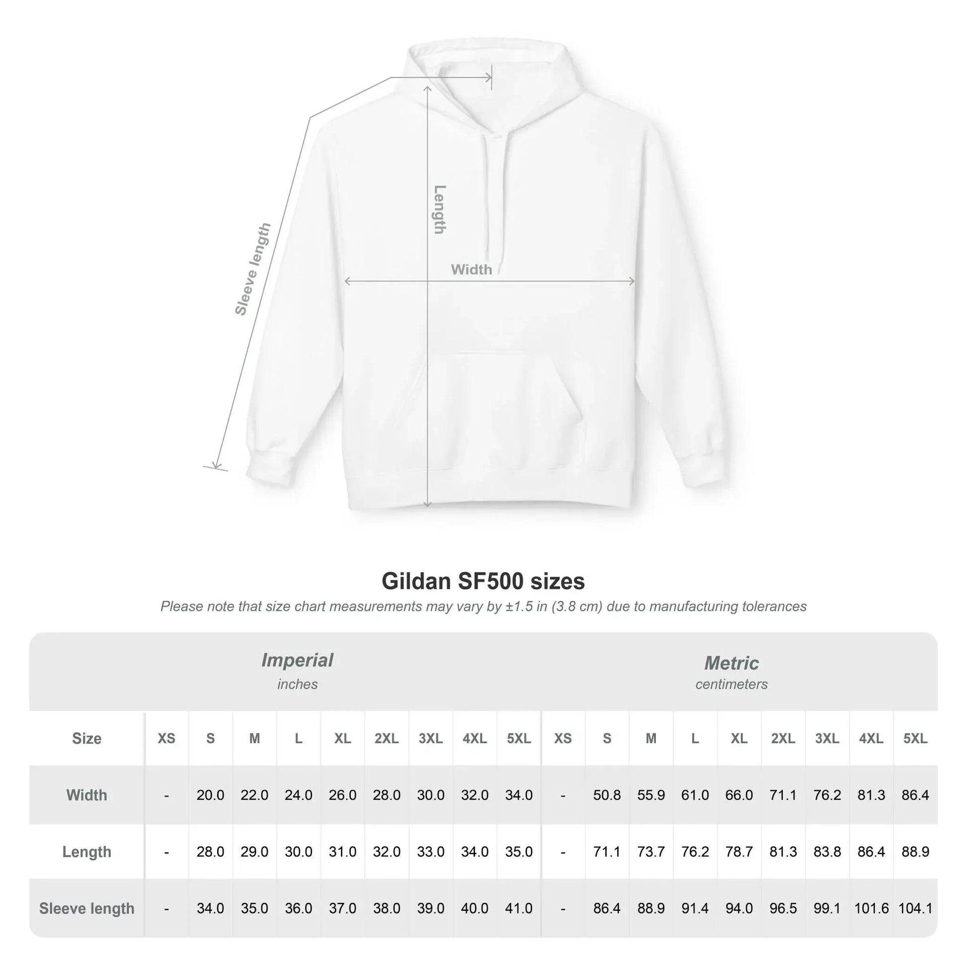 Gildan SF500 hoodie size chart with width, length, and sleeve measurements in inches and centimeters.