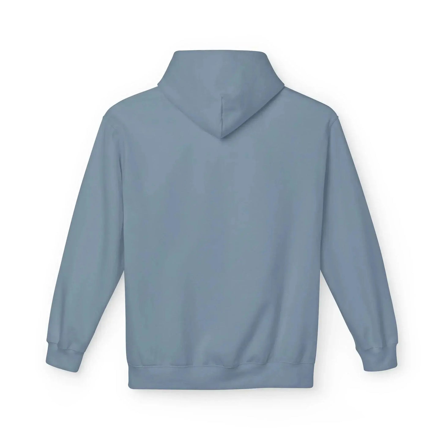 Plain light blue hoodie, back view, long sleeves, blank for custom printing