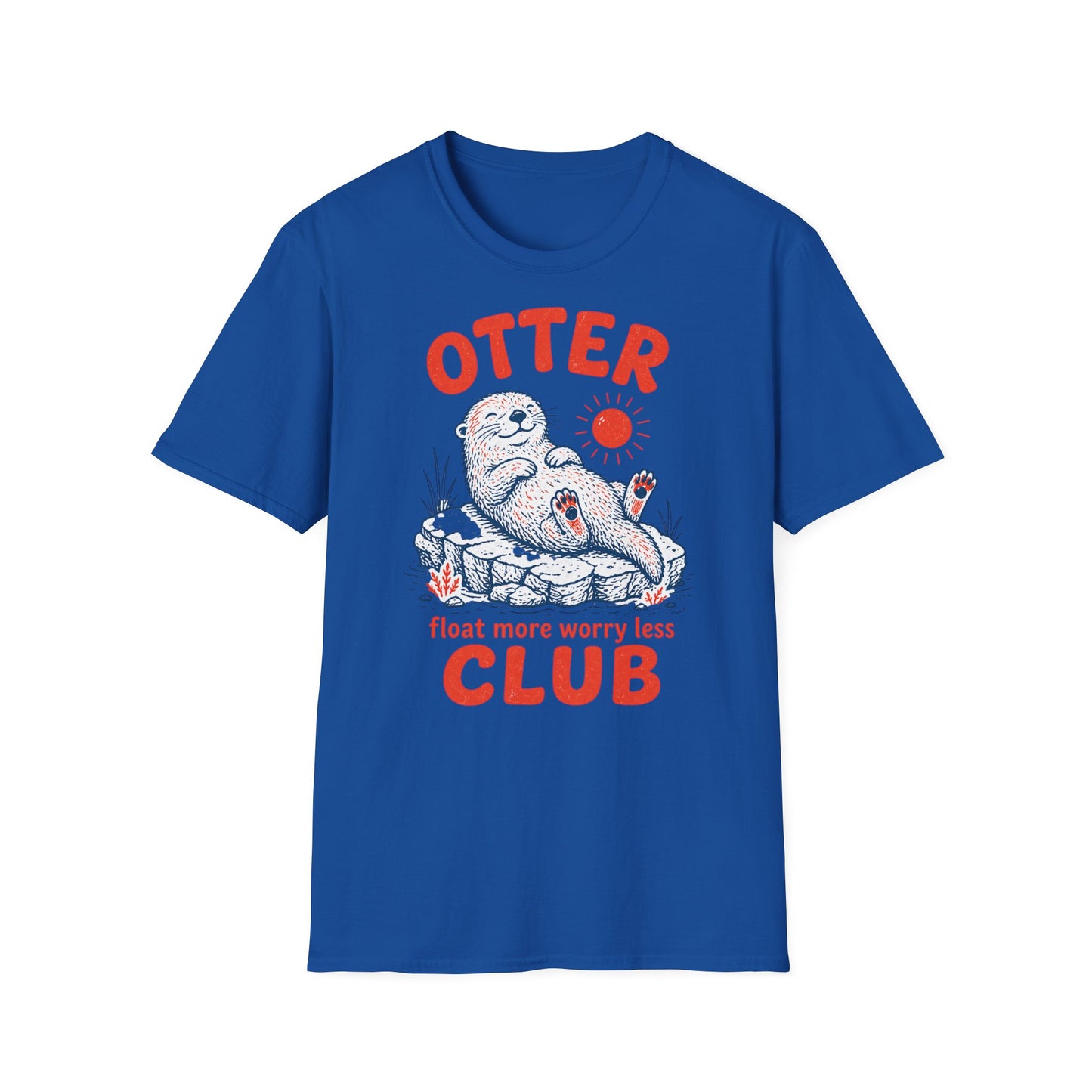 Blue t-shirt with an otter graphic and text on a white background