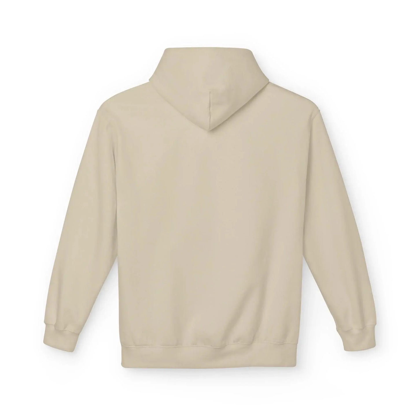 Back view of plain beige hoodie with hood and long sleeves on white background